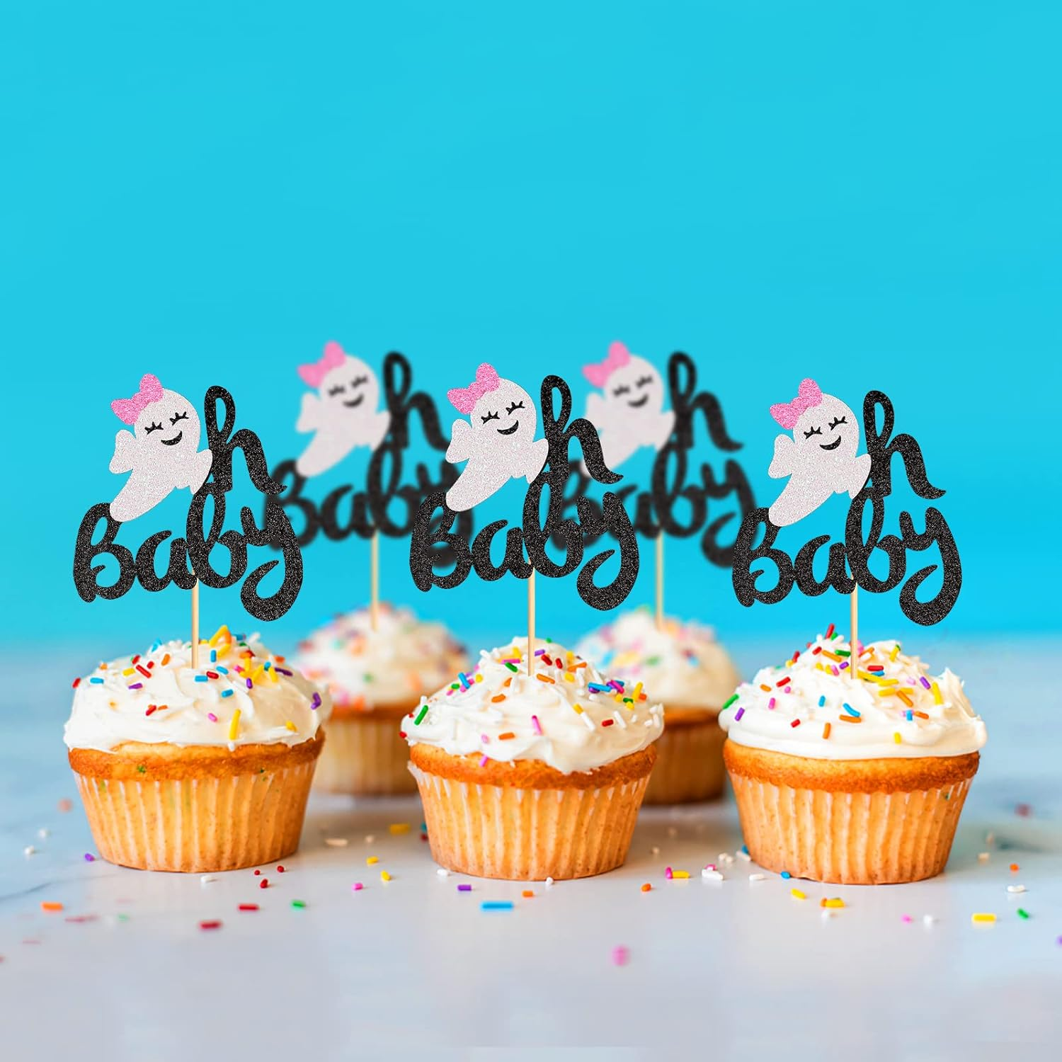 24 Pack Ghost Oh Baby Cupcake Toppers Halloween Cupcake Picks Pink Bow Ghost Oh Baby Cupcake Decors for Halloween Theme Baby Shower Birthday Party Cake Decorations Supplies - 1 Boo-Pink image number 3