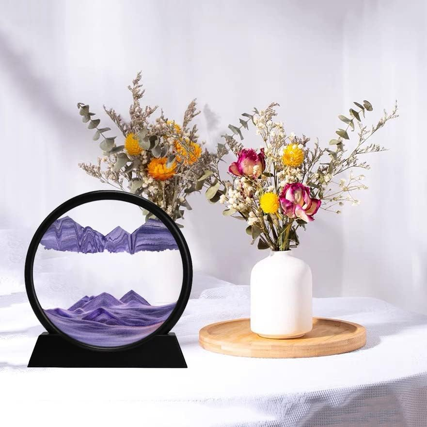 3D Dynamic Sand Art Liquid Motion, Moving Sand Art Picture round Glass 3D Deep Sea Sandscape in Motion Display Flowing Sand Frame Relaxing Desktop Home Office Work Decor (Purple, 7'')