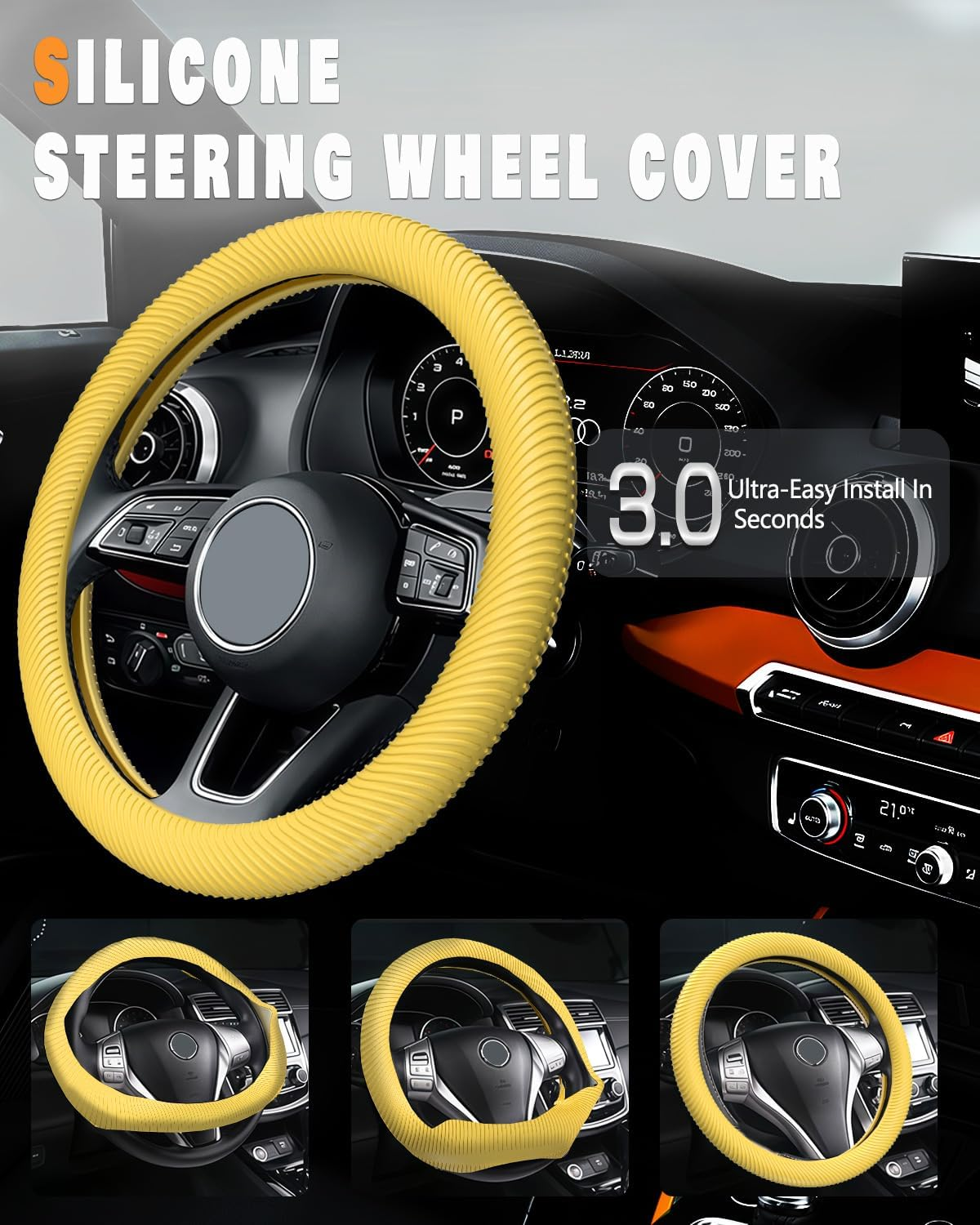 WOCOCN Car Steering Wheel Cover, Thin Anti-Skid Silicone Steering Wheel Cover for Men & Women, Universal Automotive Interior Accessories for Most Cars (Bright Yellow)