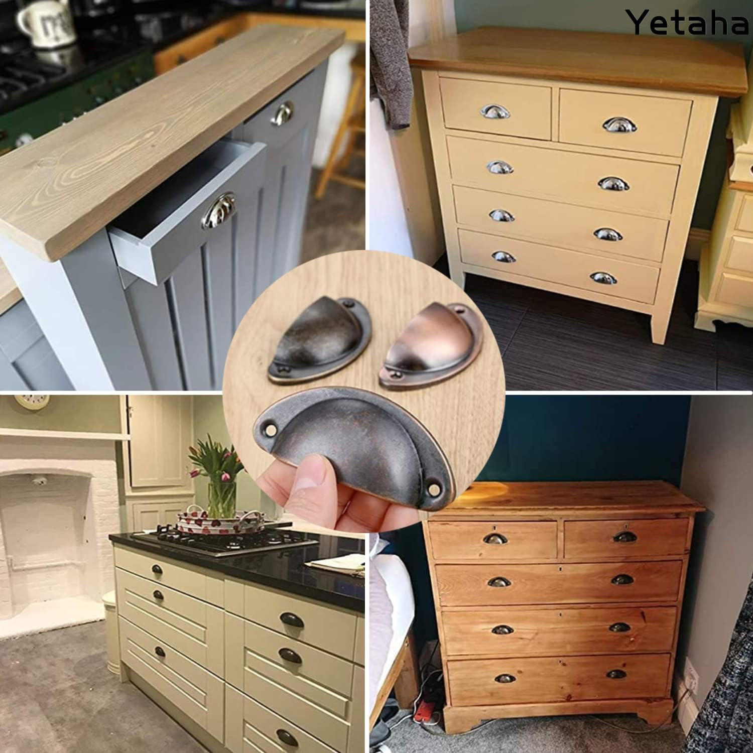 Yetaha Copper Cup Handles, 10PCS Cabinet Cup Pull Handle, Retro Shell Cup Handles, 82X35Mm Vintage Kitchen Cupboard Pulls Furniture Knob with Screws Suitable for Drawer Dresser, Door (Red Copper) image number 6