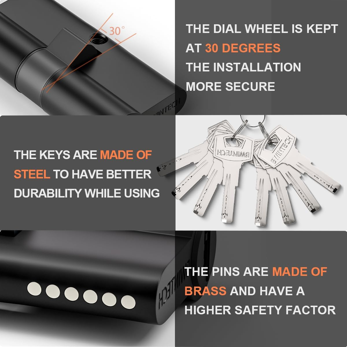 Bwintech 60 Mm (30/30) Black Zinc Alloy Euro Cylinder Lock, Door Drum Lock, Key Key with 8 Horizontal Dimple Keys image number 5