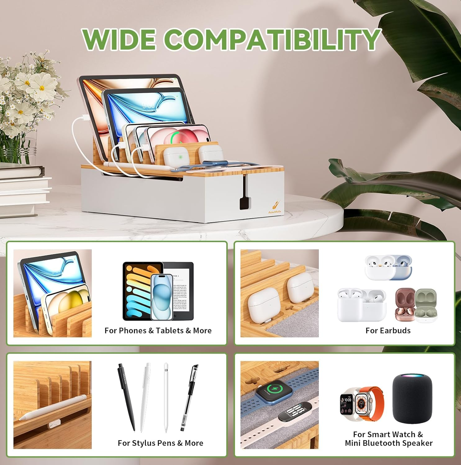 Pezin & Hulin Bamboo Charging Station for Multiple Devices, USB Charger Dock Organizer, with Power Supply (10 Ports HUB), 6 Cables, Cable Management Organizer for Cell Phones, Tablets -Natural+White image number 6