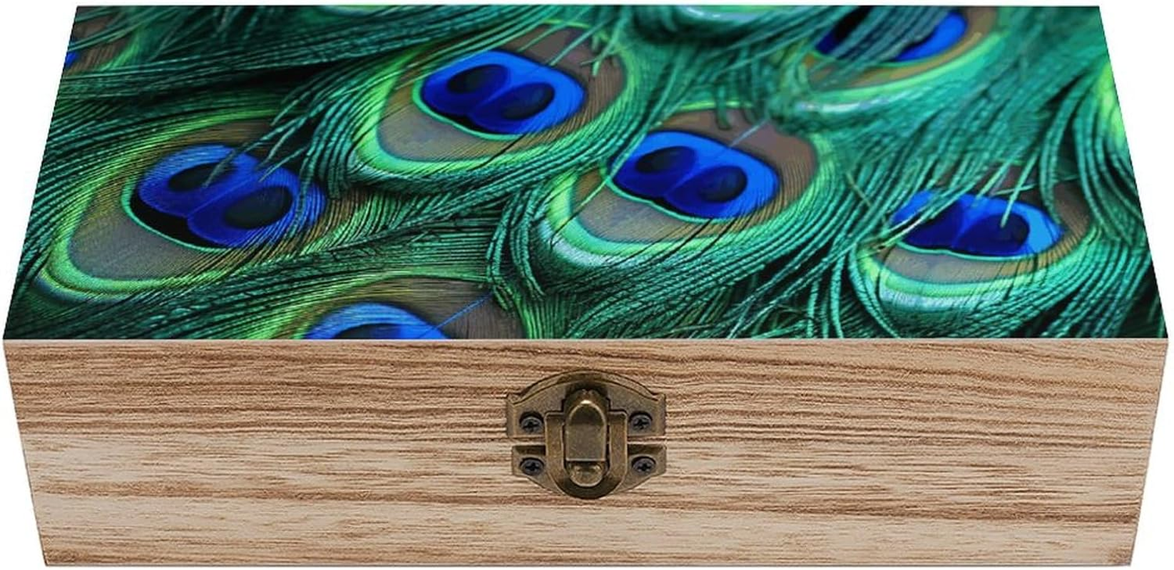 Peacock Feather Wooden Box Wood Wedding Keepsake Boxes with Lids Small Decorative Boxes Lightweight Wooden Memory Storage Box for Crafts Keepsakes Jewelry Photo Letter Storage image number 3