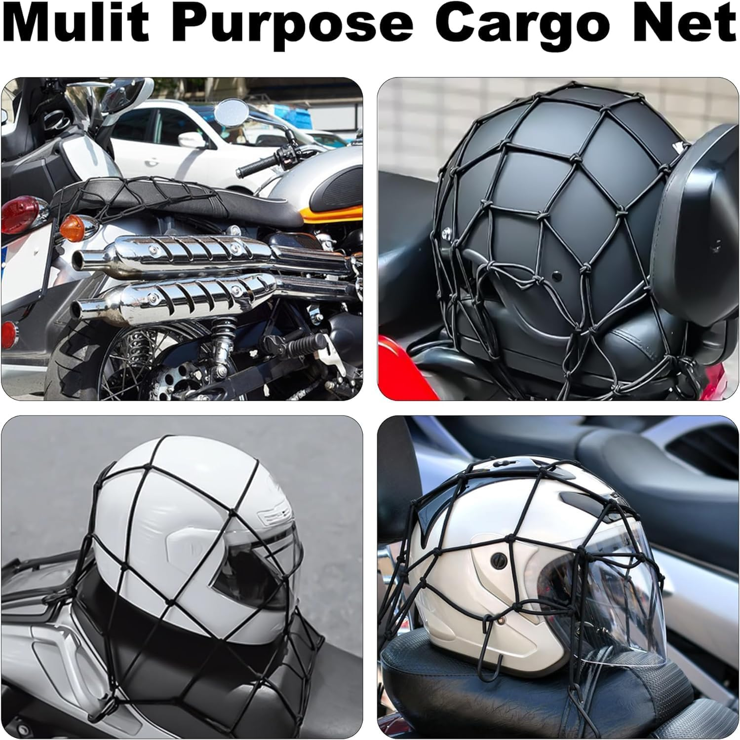 Motorcycle Cargo Net, 3 Pcs with Helmet Rubber Rope, 40Cm X 40Cm Elastic Bungee Net, Adjustable with Hooks for Motorbike, Bike, Roof, ATV image number 2