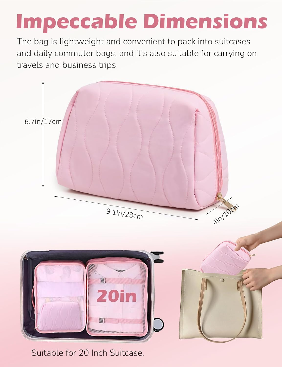 Makeup Bag, Travel Cosmetic Bag, Make up Organizer Case, Travel Toiletry Organizer, Wide-Open Pouch Purse, Cute Makeup Brushes Aesthetic Accessories Storage Bag for Women (Khaki) - Pink image number 2