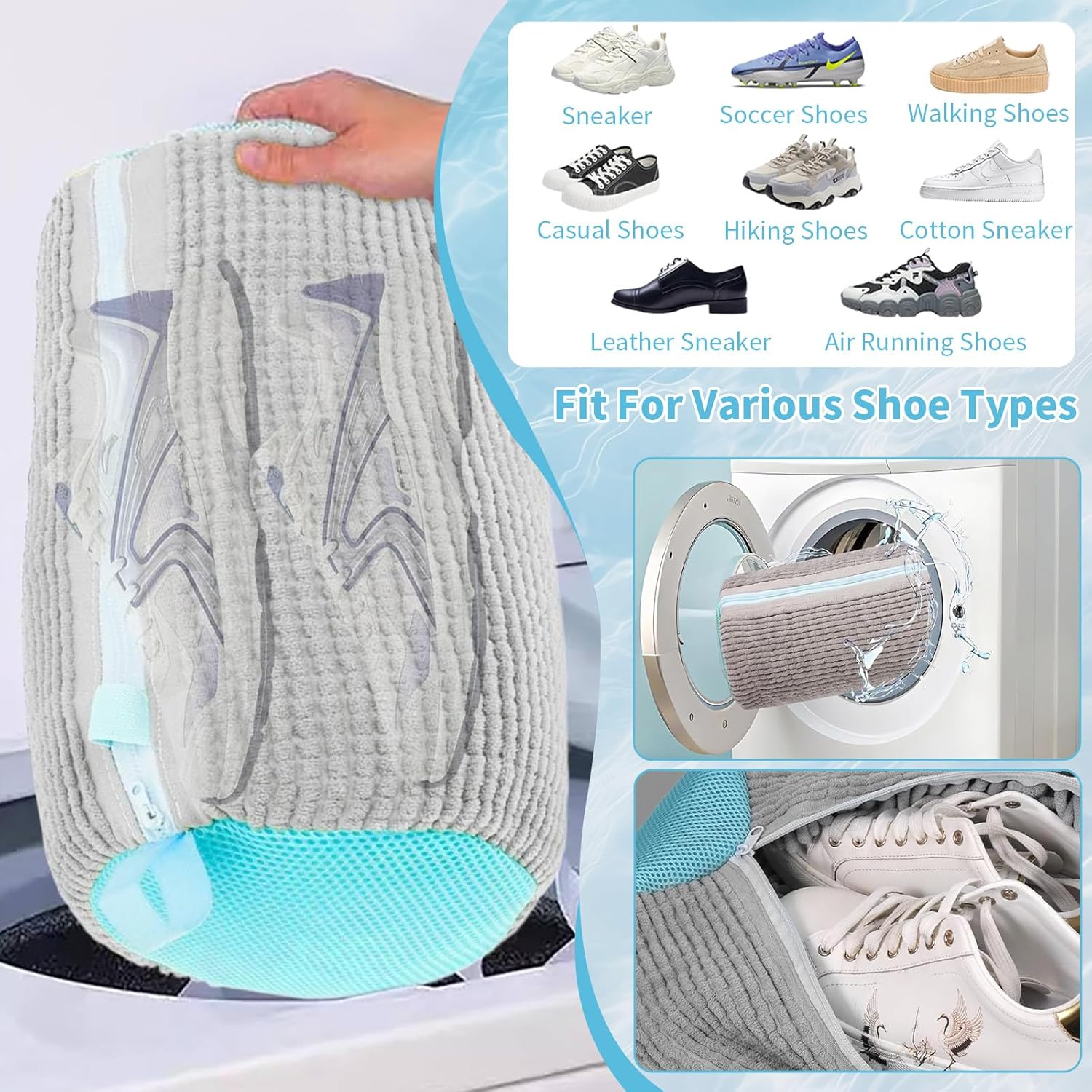 2 Pcs Shoe Washing Bag for Washing Machine, Reusable & Durable Laundry Mesh Bags for Washer & Dryer, Plush Protection for Sneakers, Trainers, Tennis Shoes, Gentle Wash & Dry Delicates (Grey) image number 6