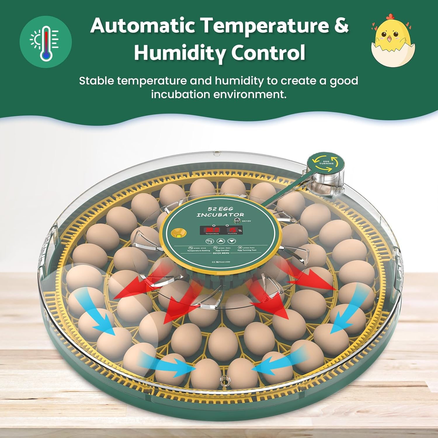 Advwin 52 Eggs Incubator with Temperature Control, Egg Incubator with Automatic Egg Turning and Humidity Display, Built-In Egg Candler Incubator for Hatching Chicken image number 3