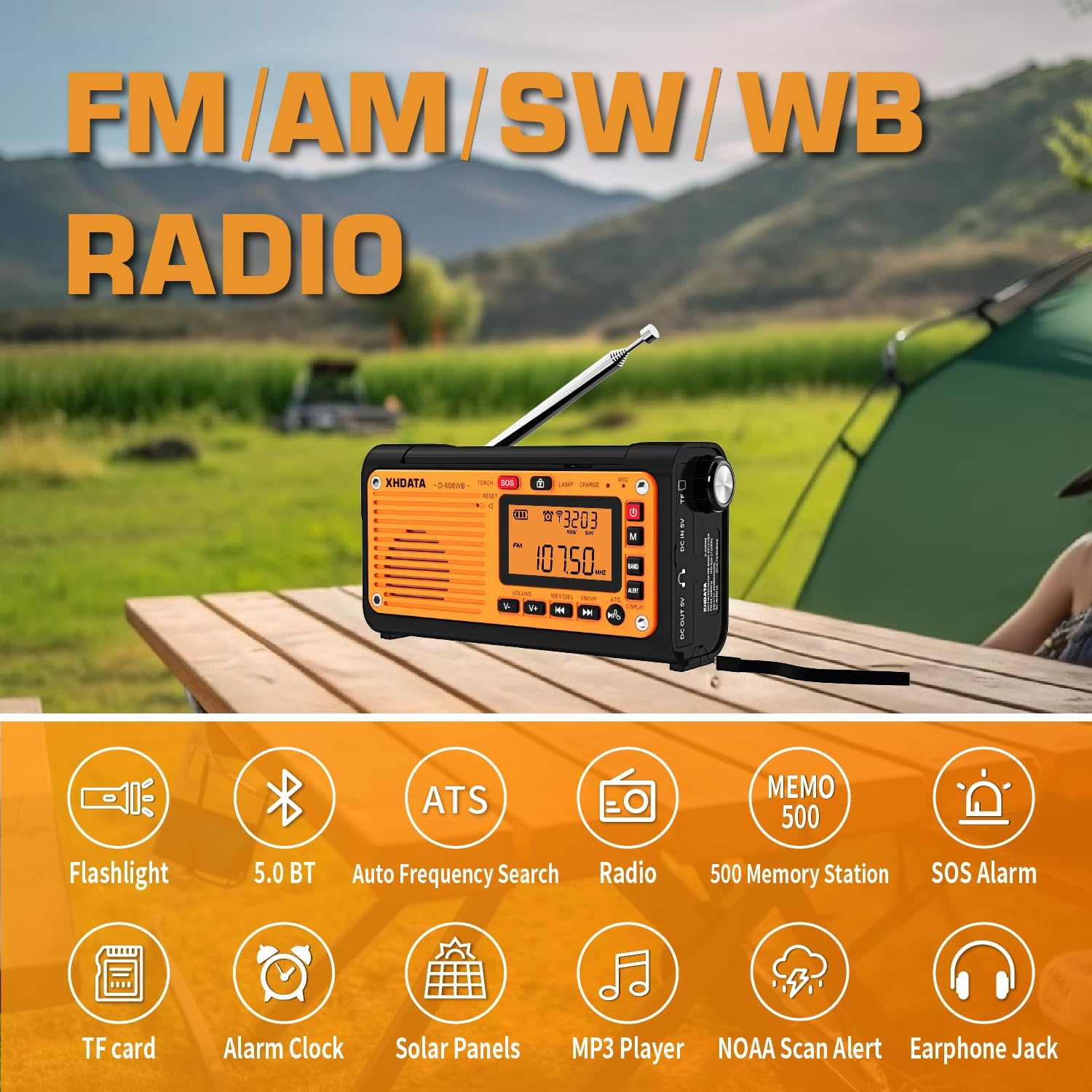 XHDATA D-608WB Portable Emergency Crank AM FM SW Radio with 3000Mah Reading Lamp, USB, Solar Power with LED Torch for Home & Outdoor Emergency,Camping image number 2