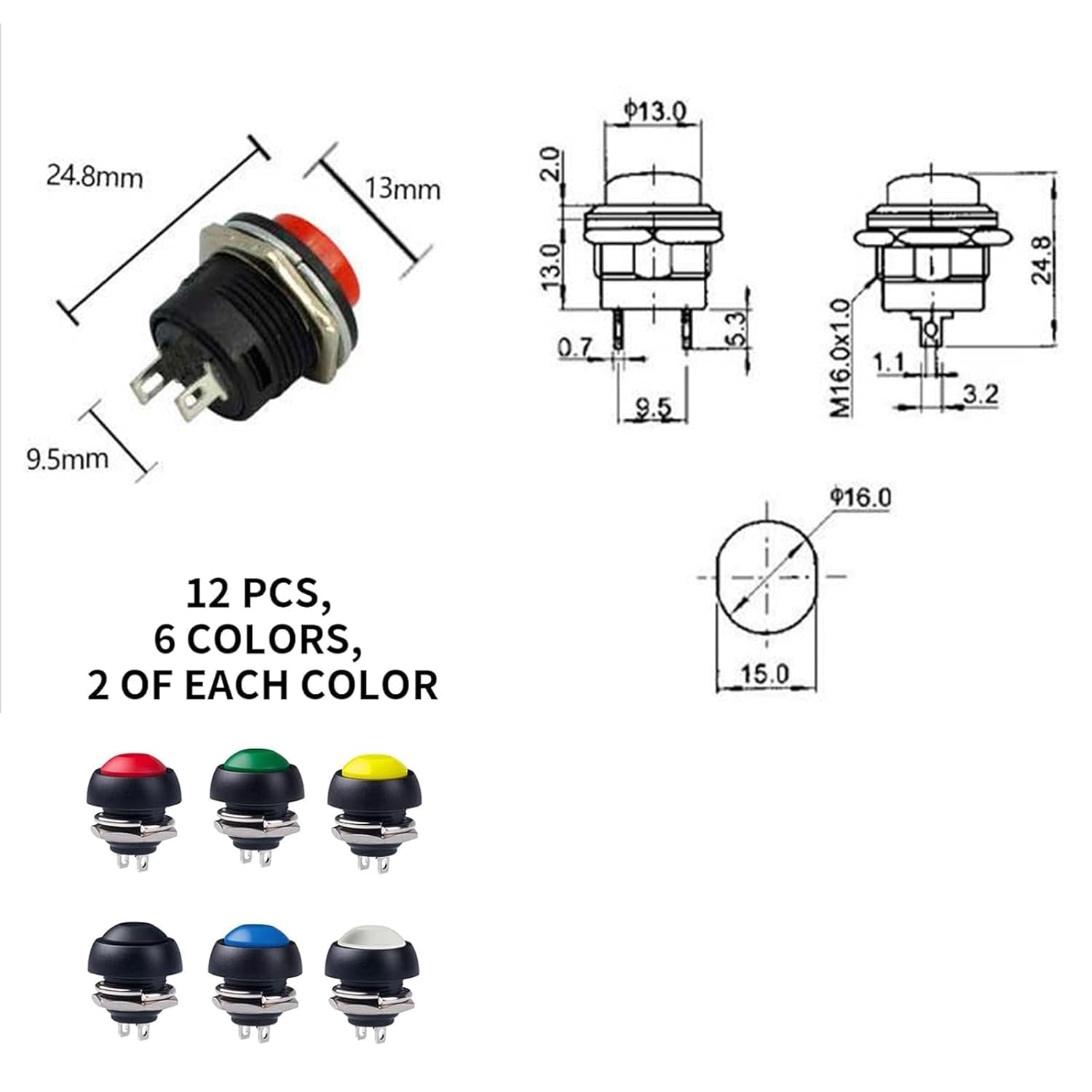 Yeanifeana 12 Pcs 13Mm round Waterproof Momentary Switch, Self-Resetting Mini Push Button for Car Horn, PC, Table Lamp, Doorbell & Electronics