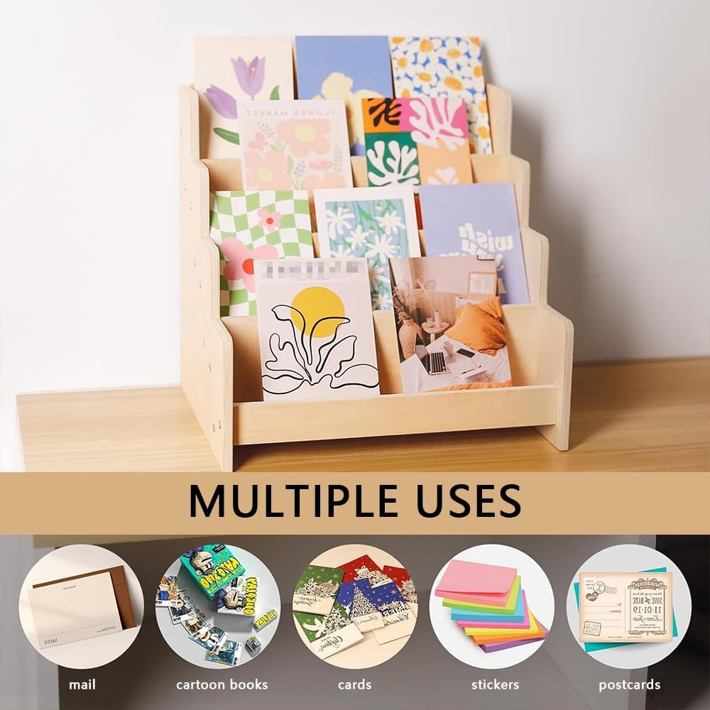 Greeting Card Organizer Display Rack &ndash; 4-Tier Wooden Stand for Stickers, Postcards, Brochures, and Photos &ndash; Ideal for Craft Fairs, Art Booths, and Retail Counters image number 4