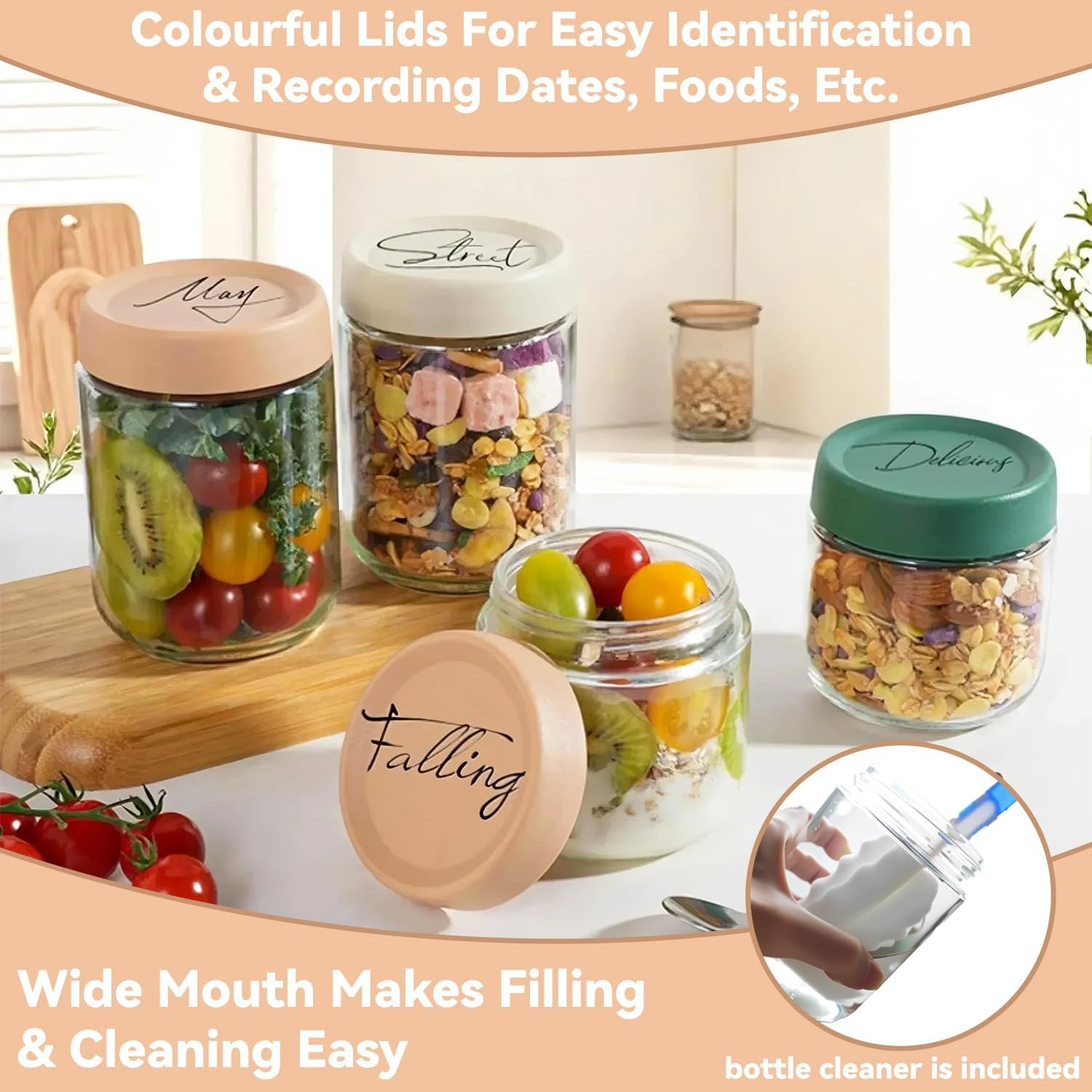 6 Pack 350ML Overnight Oats Container Jar with Airtight Lid, Freezer Dishwasher Safe Glass Food Storage Containers, Meal Prep Containers for Salad Pickle Snacks Jam, Fridge Pantry Storage Containers image number 5