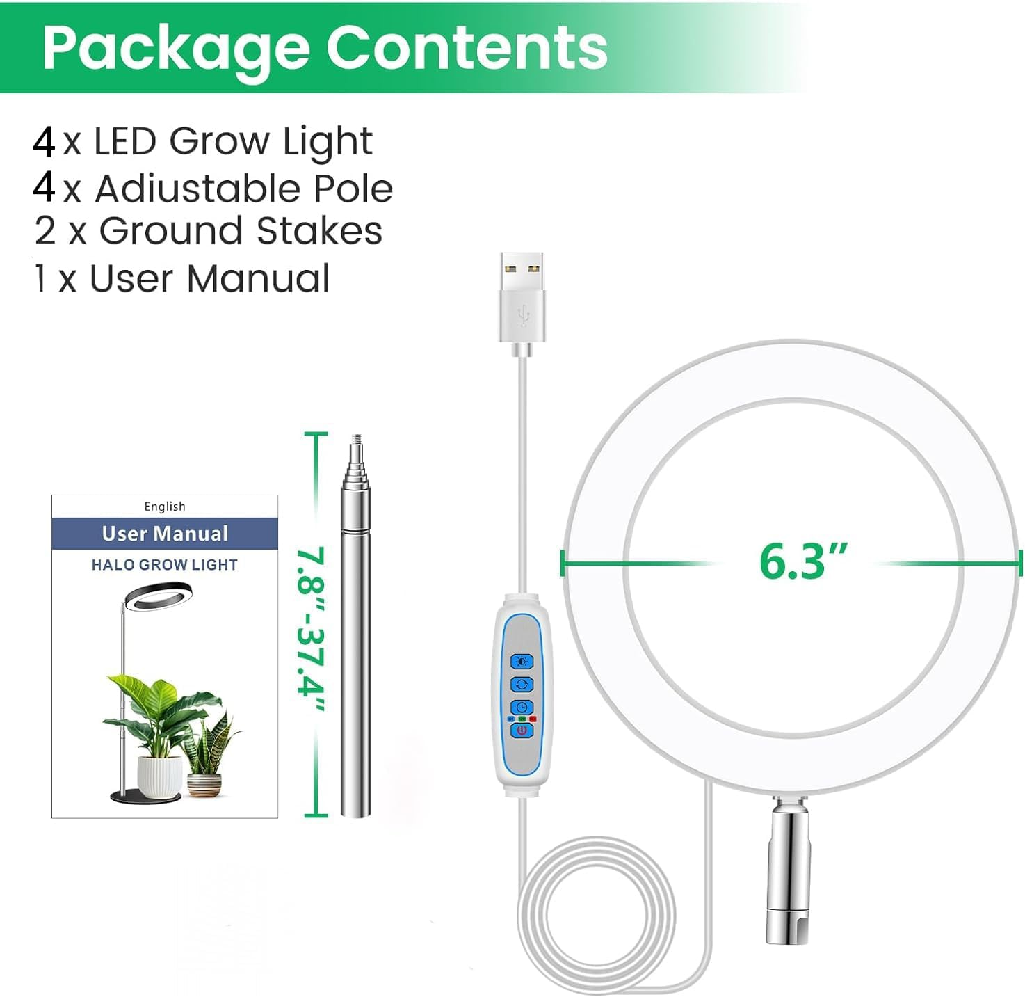 Vervex 4 Head Grow Light for Indoor Plants, 7.9" Full Spectrum LED Plant Grow Light, Height Adjustable Growing Lamp with Auto Timer 3H/9H/12H, 10 Dimmable Levels, Ideal for Indoor Large Tall Plants image number 5