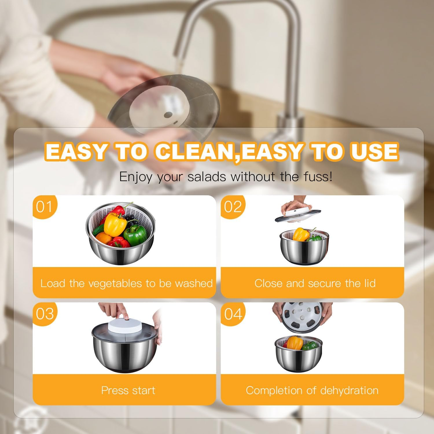 Salad Spinner, Stainless Steel Electric Vegetable Washer Dryer 4.5L Large Capacity Lettuce Spinner with Drainage Basket Salad Dryer Mixer for Vegetables, Herbs, Berries