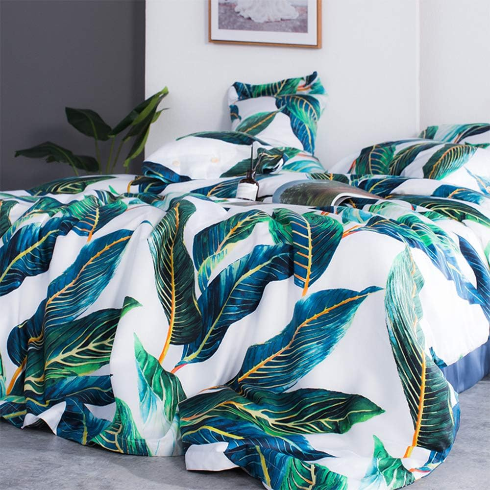 AMWAN Green Leaves Tropical Duvet Cover Set Queen Long Staple Cotton Floral Bedding Set Full Reversible 3 Pcs Leaves Comforter Cover Set 1 Duvet Cover with 2 Pillowcases Queen Bedding Collection image number 6