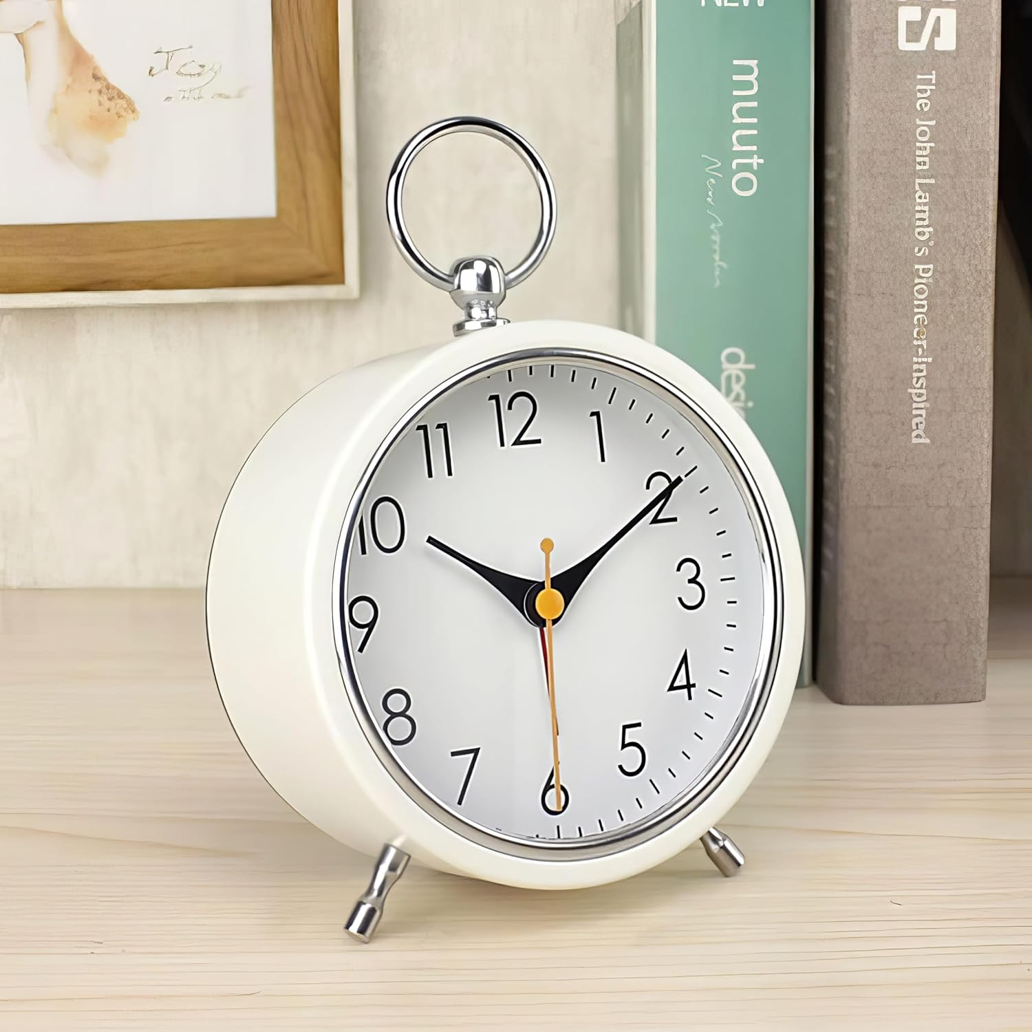 Snooze Retro Alarm Clock, 4 Inch Portable Table Clock with Night Light, Silent Non-Ticking Metal Clock, Simple round Battery Powered Clock Decor for Living Room Bedroom Study Office (White) image number 4