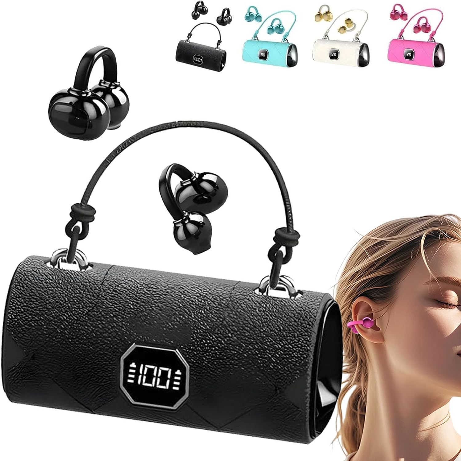 Fashionable Clip-On Wireless Headphones, X22 Clip on Wireless Headphones, Ear Cliheadset with LED HD Display, Ipx5 Waterproof Open Ear Bluetooth Earbuds (White with Decor)