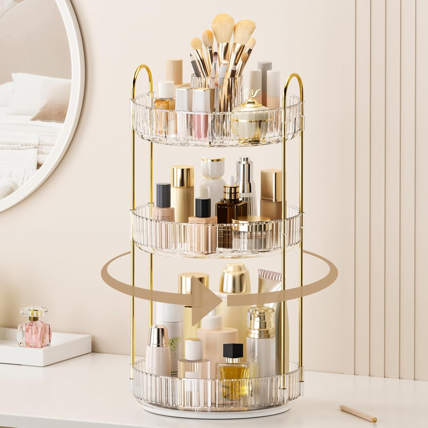 360&deg; Rotating Makeup Organizer, Upgraded 2 Tier Skincare Perfume Organizers for Women, Bathroom Organizer Countertop, Clear Cosmetic Dresser Organizer with Makeup Brush Holder, Sink&Counte (Clear)