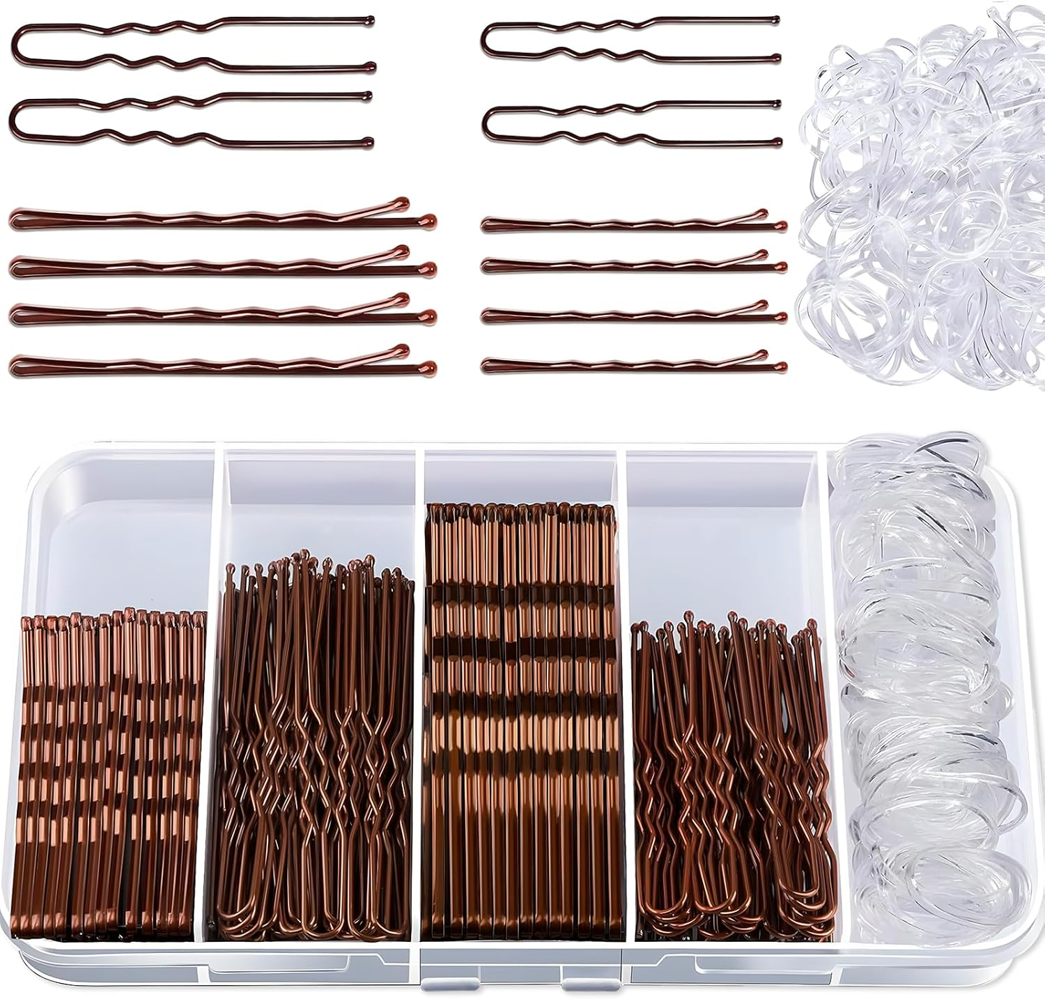 Pack of 500 Bobby Pins Brown Set - U-Shaped Hair Clips (2 Inches, 2.36 Inches), Wave Shape Invisible Hair Pins (2 Inch 2.75 Inches), Transparent Hair Bobbles with Storage Box, for Weddings, Bridal image number 5