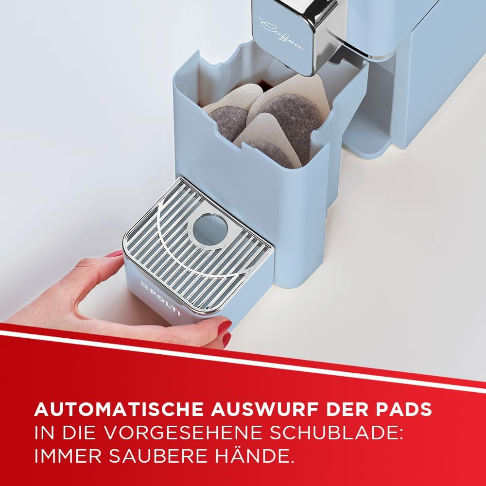 Polti Coffea S15LB, Espresso Coffee Machine, Compatible with E.S.E. 44 Mm Pods, 0.85 L Tank, Pump Pressure 19 Bars, Light Blue - Cream image number 2