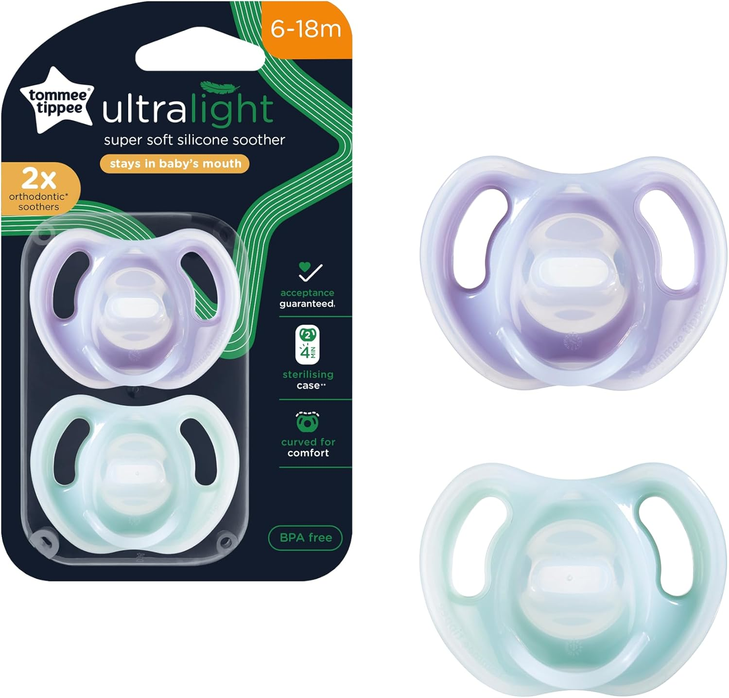 Tommee Tippee Ultra-Light Soothers, 6-18 Months, 2 Pack of One Piece Silicone, BPA Free Soothers, Assorted Colours image number 6
