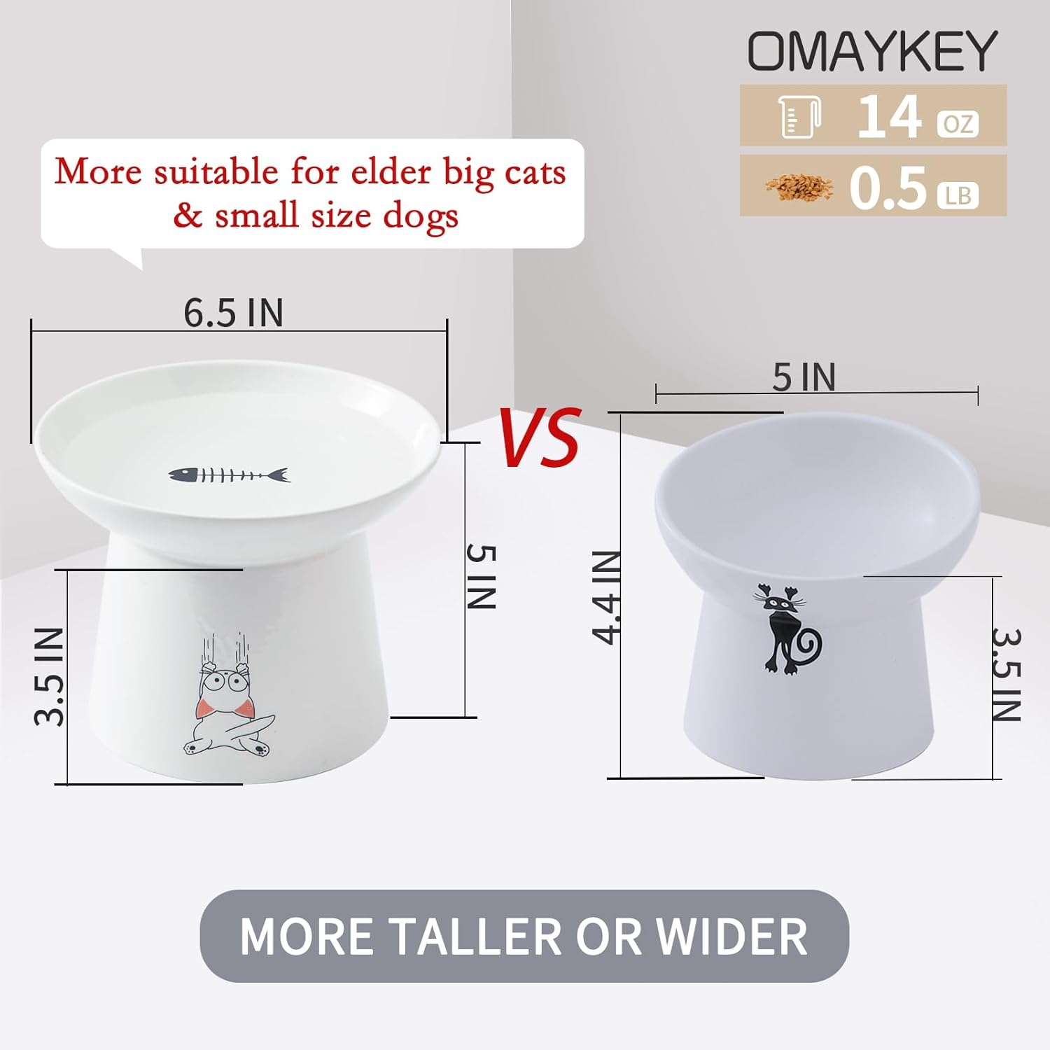 6.5 Inch Extra Wide Ceramic Raised Cat Bowls, Upgraded Elevated Porcelain Cat Food Water Bowl Dish, Stress Free Pet Feeder Bowls Dishes for Elder Big Cats & Small Dogs, White