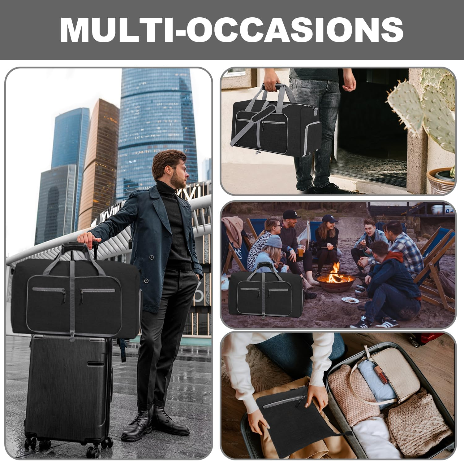 Travel Bag for Men, Foldable Travel Bag with Shoe Compartment, Black image number 4