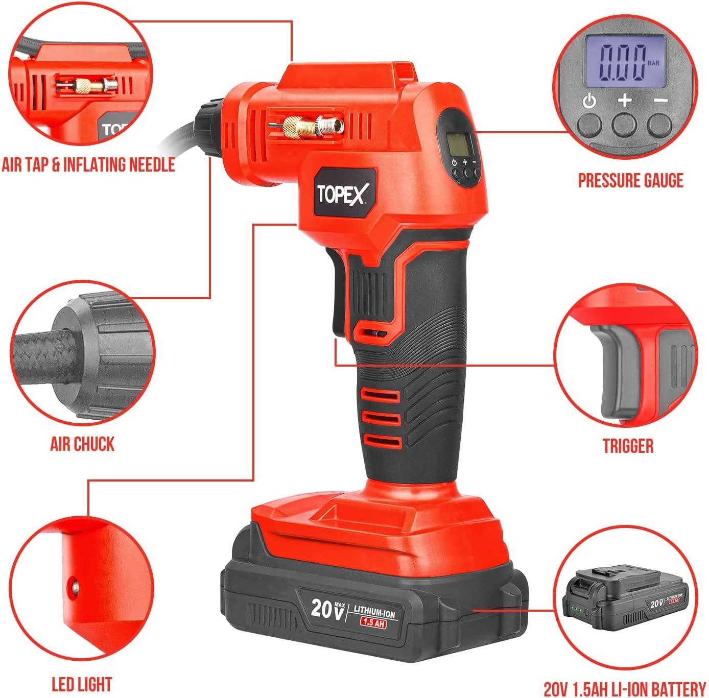 TOPEX 20V Cordless Air Compressor Car Tyre Inflator W/Digital Pressure Gauge LED Light image number 1