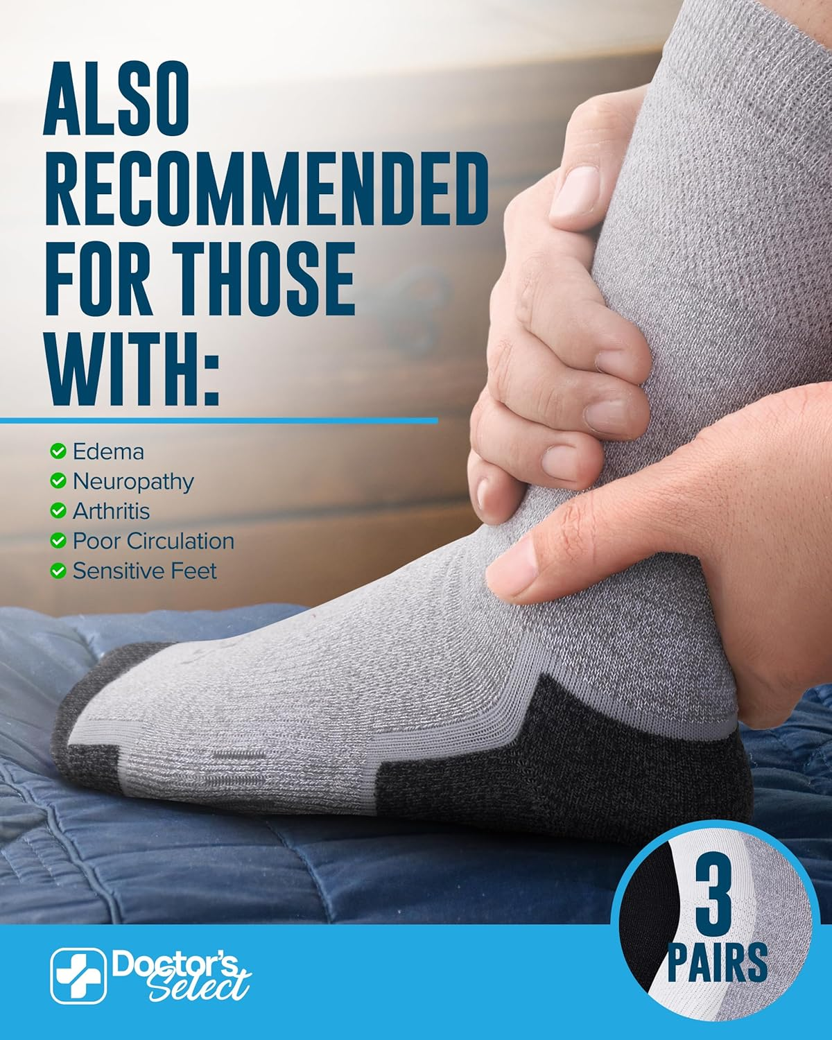 Doctor'S Select Bamboo Viscose Diabetic Socks for Men - 3 Pairs Crew Neuropathy Socks for Men | Diabetic Socks for Men 9-12 image number 3