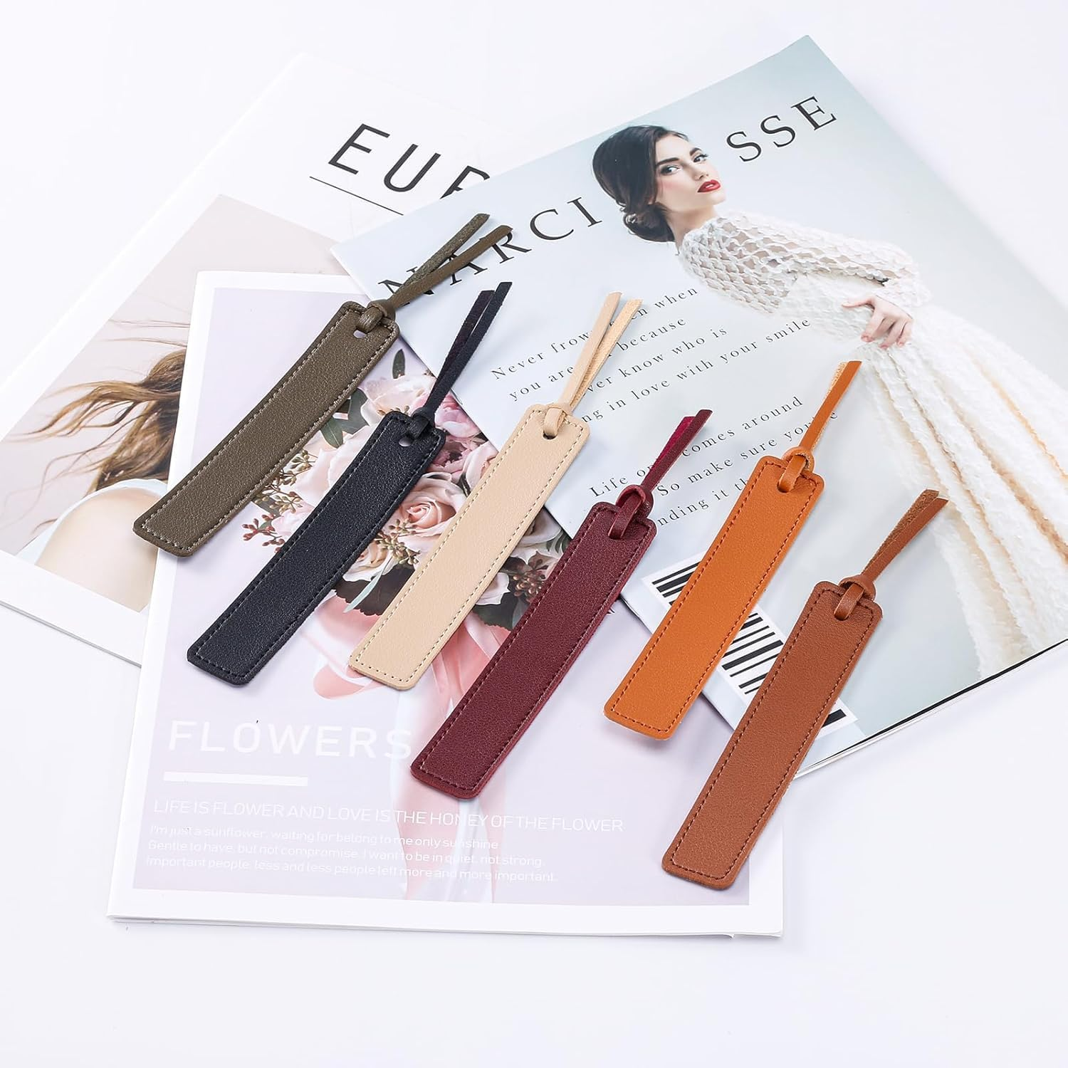 6 Pcs Leather Bookmarks with Rope, Classic Stitched Handmade Custom Bookmark with Cord for Men Women (Colorful) image number 3