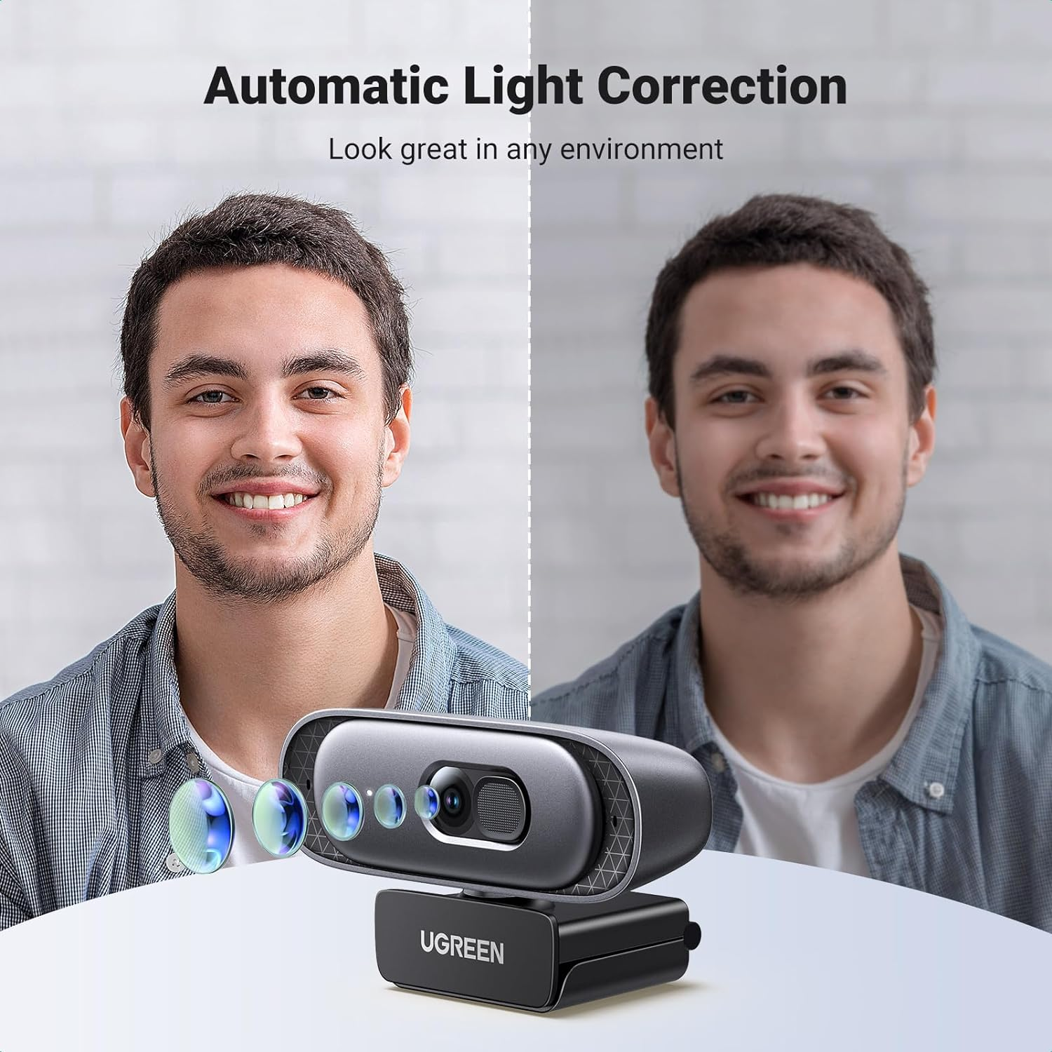 UGREEN 2K@30Fps Webcam for PC, Full HD 1080P@60Fps Web Camera, Auto Focus & Light Correction, Dual Mic for Clear Stereo Audio, Plug and Play for Zoom, Skype, Streaming, Video Calling, Conferences