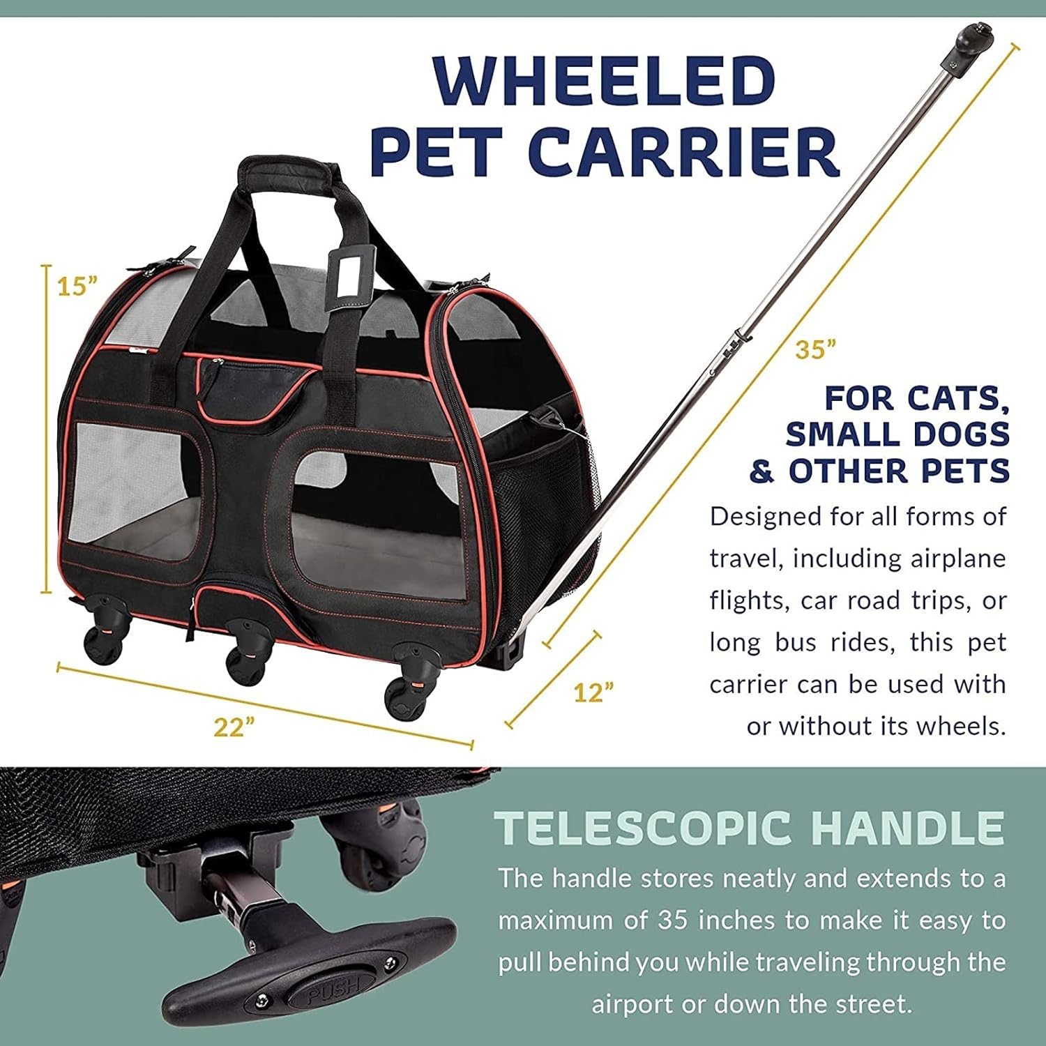 Pet Carrier with Removable Wheels,Small Dog and Cat Carrying Bag with Telescopic Walking Handle, Mesh Ventilation Windows and Safety Leash Hook image number 6