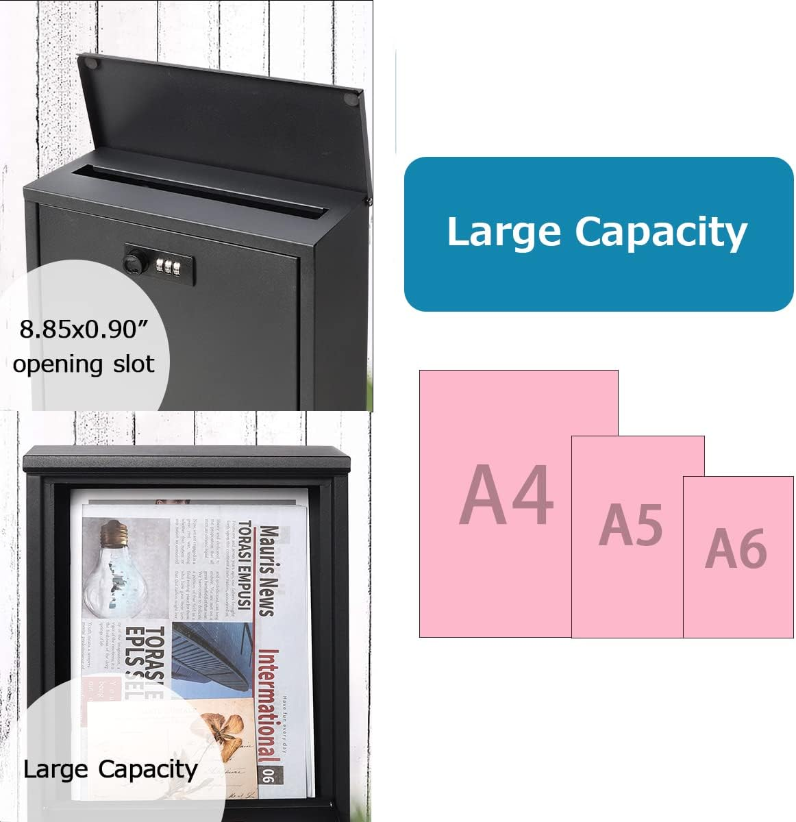 Mailbox with Combination Lock, Lovndi Wall Mounted Locking Mailboxes, Medium Capacity Drop Lock Box for Outdoor, Black image number 7