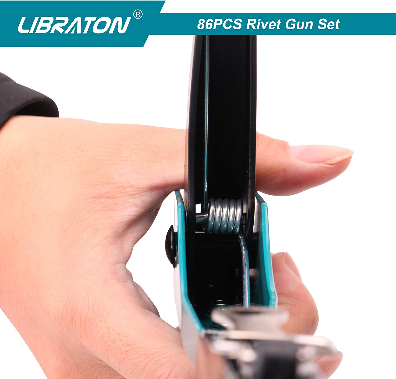 Libraton Rivet Gun, Rivet Gun Kit, Pop Rivet Gun, 80Pcs Metal Rivets and 4 Drill Bits, Heavy Duty Hand Riveter, Rivet Gun Tool for Metal, Automotive, Blind Rivets 3/32" 1/8" 5/32" 3/16" image number 2