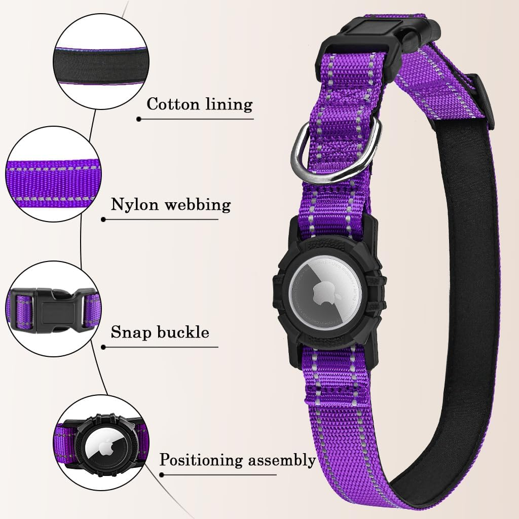 LZXLXS Airtag Dog Collar with Waterproof Air Tag Holder, Integrated Reflective Pet Collar with Soft Padding, Adjustable Nylon Collar for Small Medium Large Dogs, Purple,M (14.5"-19.7") image number 3