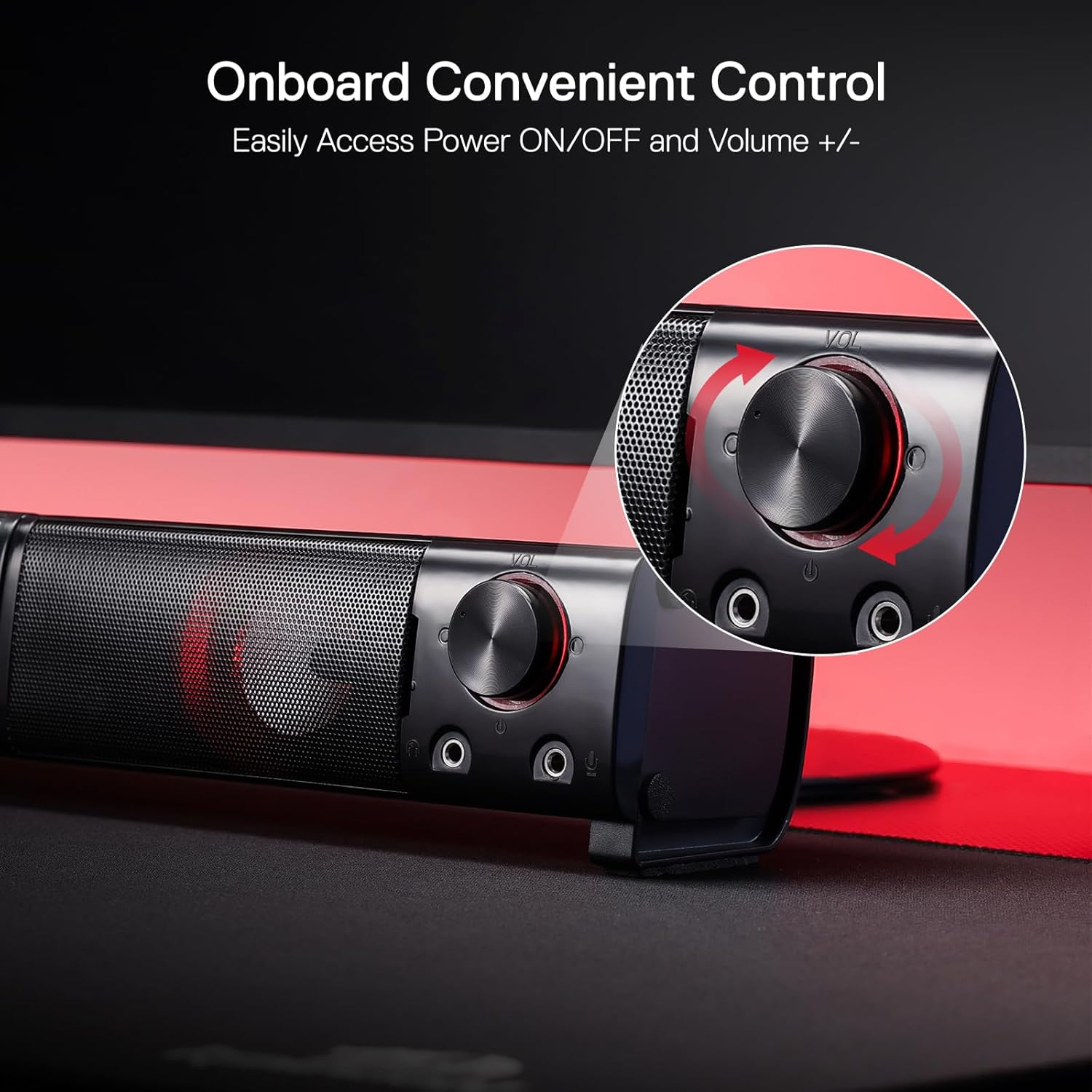 Redragon GS550 PC Gaming Speakers, 2.0 Channel Desktop Computer Sound Bar with Compact Maneuverable Size, Headphone Jack, Quality Bass & Decent Red Backlit, USB Powered W/ 3.5Mm Cable - Black image number 7