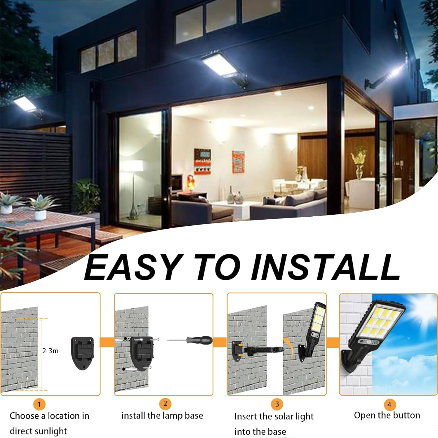 Solar Street Lights, Waterproof - Wide Angle Solar Street Lamp Outdoor with Motion Sensor, 108 Leds Solar Wall Light for Garden, Street, Deck, Yard, Garage Solar Flood Light (1 Pack) image number 5