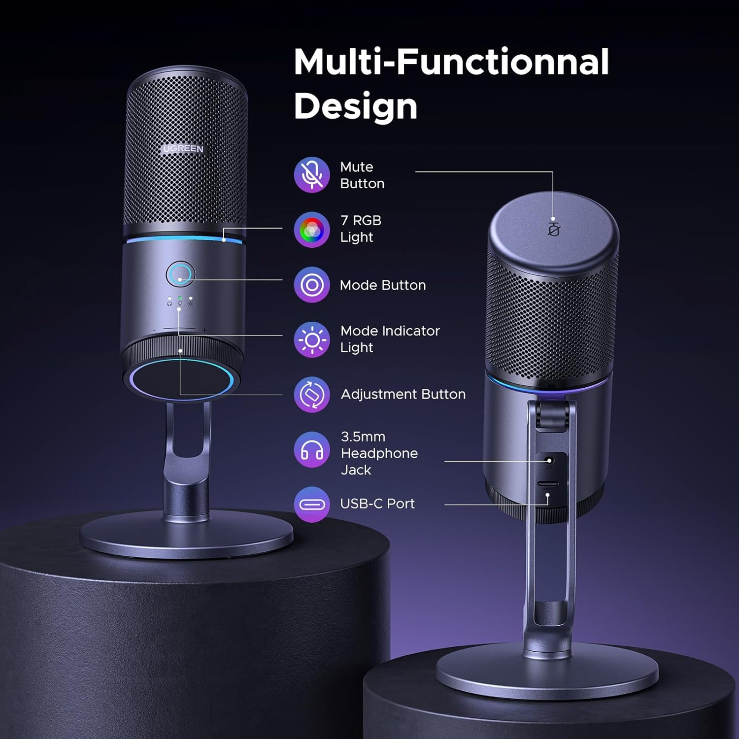 UGREEN Condenser Microphone for PC, USB Mic with RGB Lights, Mute Button, 24Bit/96Khz, Cardioid Polar Pattern, Volume Control, for Streaming, Gaming, Podcasting, Recording, Laptop, PS5 image number 1