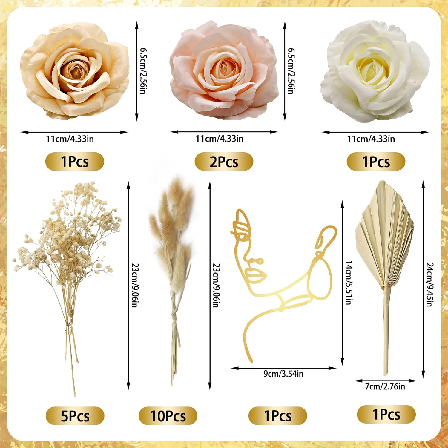 Morofme 21Pcs Boho Cake Decor - Acrylic Minimalist Art Lady Gold Face & Vintage Artificial Rose Flower Leaves for Bohemian Birthday Wedding Bridal Baby Shower image number 4