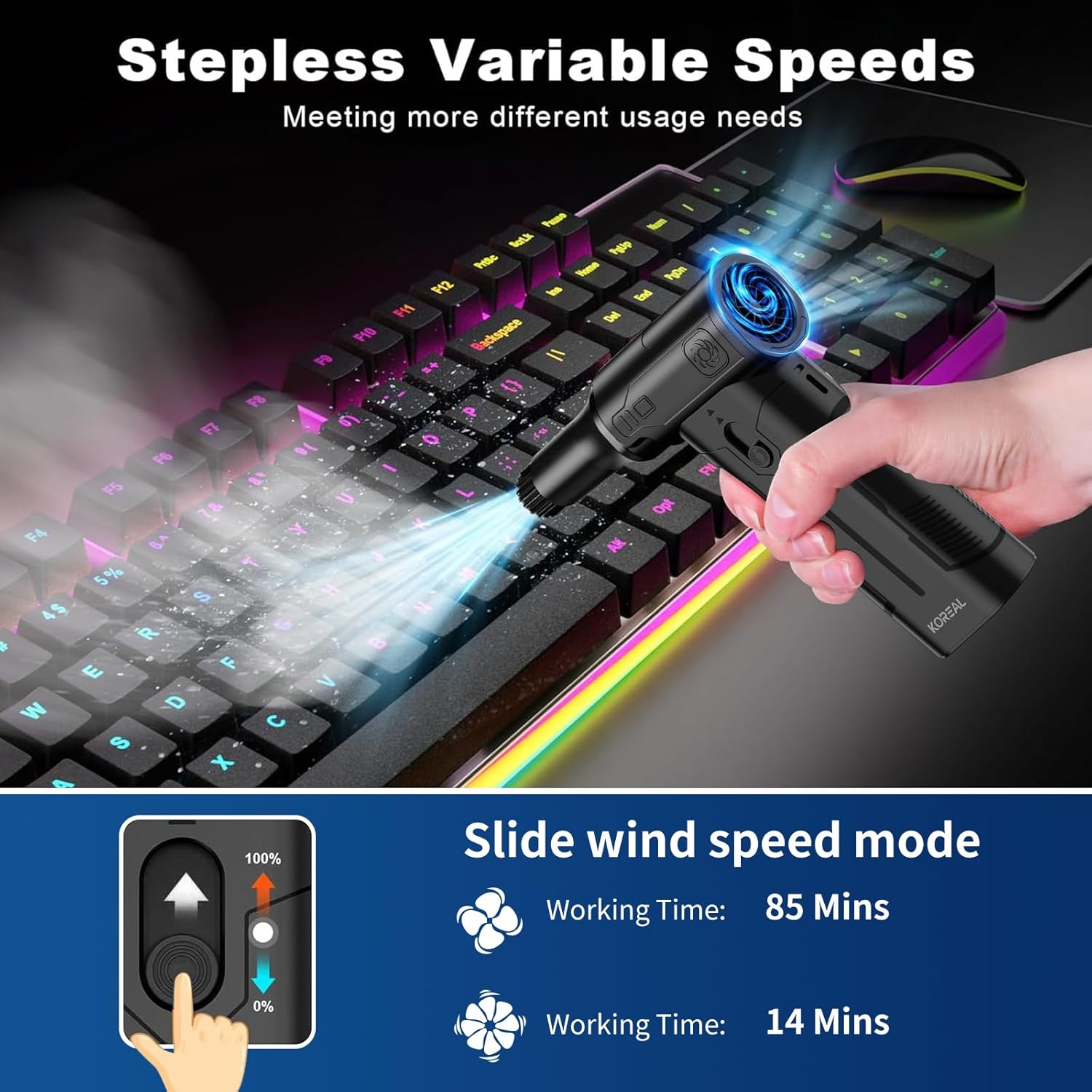 Compressed Air Duster, Koreal 130000RPM Multi-Gear Adjustable Electric Air Duster, Replaces Compressed Air Cans, Rechargeable Cordless Air Blower for Home Outdoor Computer Keyboard Car image number 6