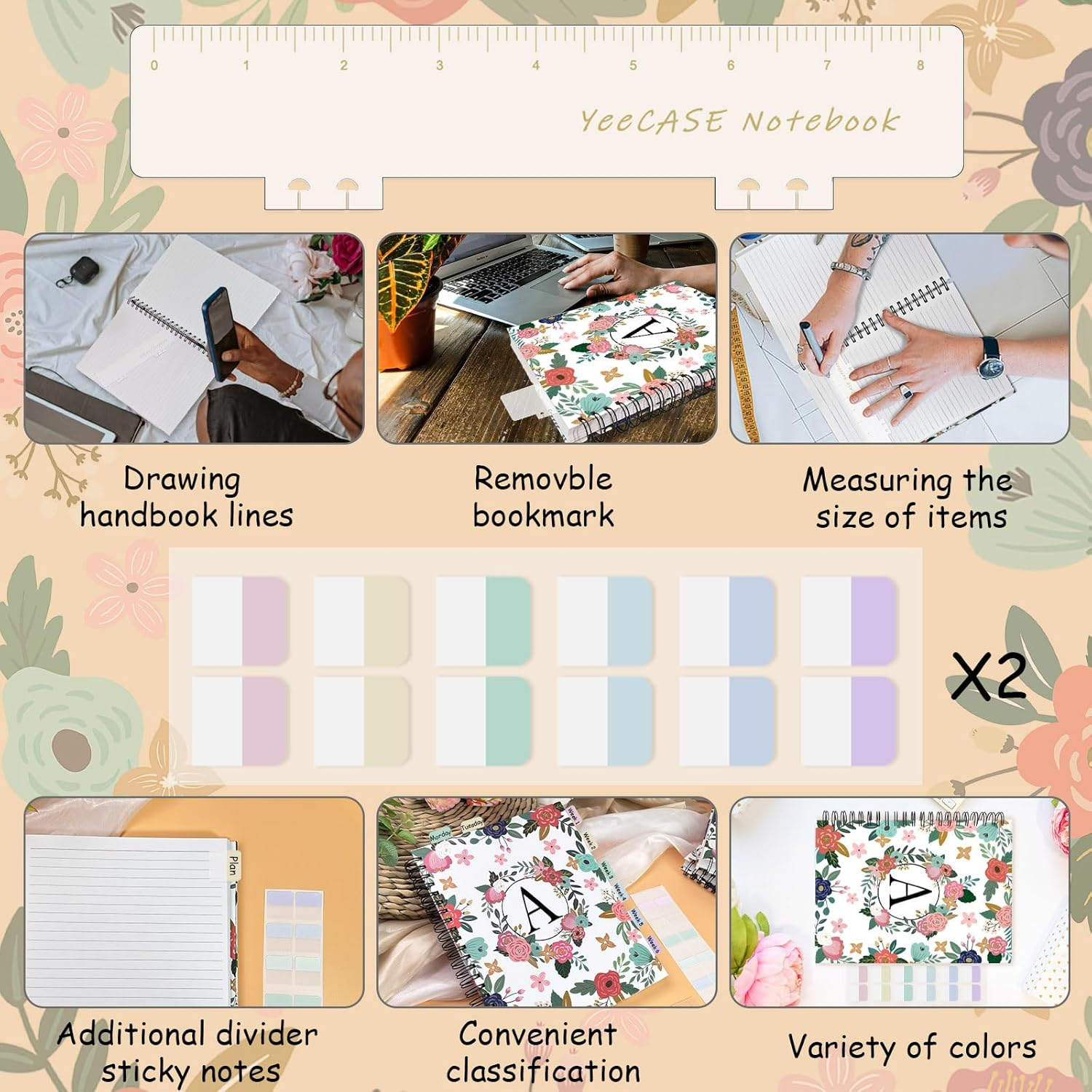 Hardcover Spiral Notebook Journal 8.5&rdquo; X 11&rdquo;, 300 Pages Journals, A4 Large College Ruled Cute Floral Letter Spiral Journal for Work School Note Taking,Lined Journal for Women Men image number 2