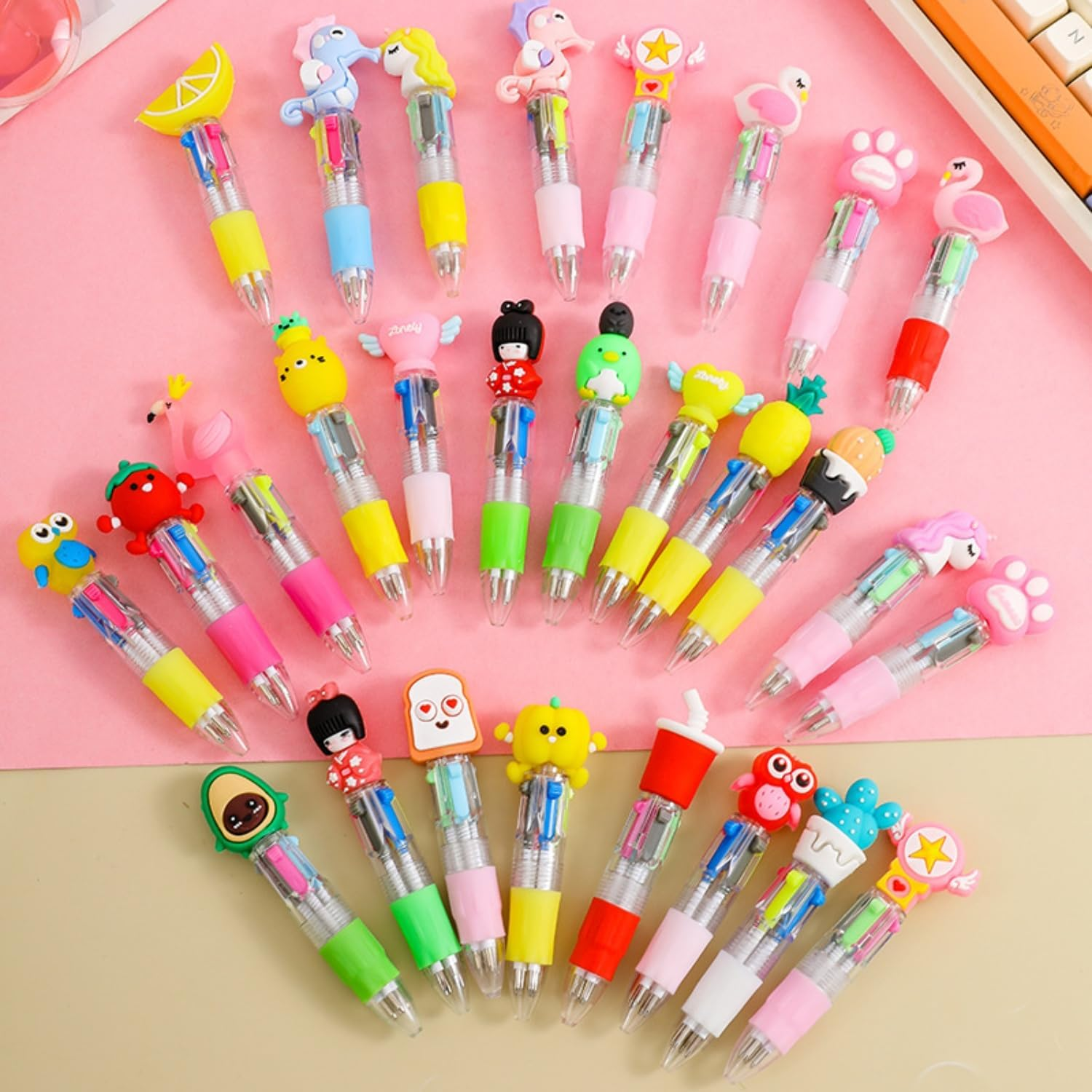 MEZOKUCEL12 PCS Multi-Colored Cute 4-In-1 Retractable Ballpoint Pens for Kids, Students, Teachers &ndash; Fun Mini Cartoon Pens for Classroom, School, Home, Birthday Party Favors & Gifts (12) image number 1