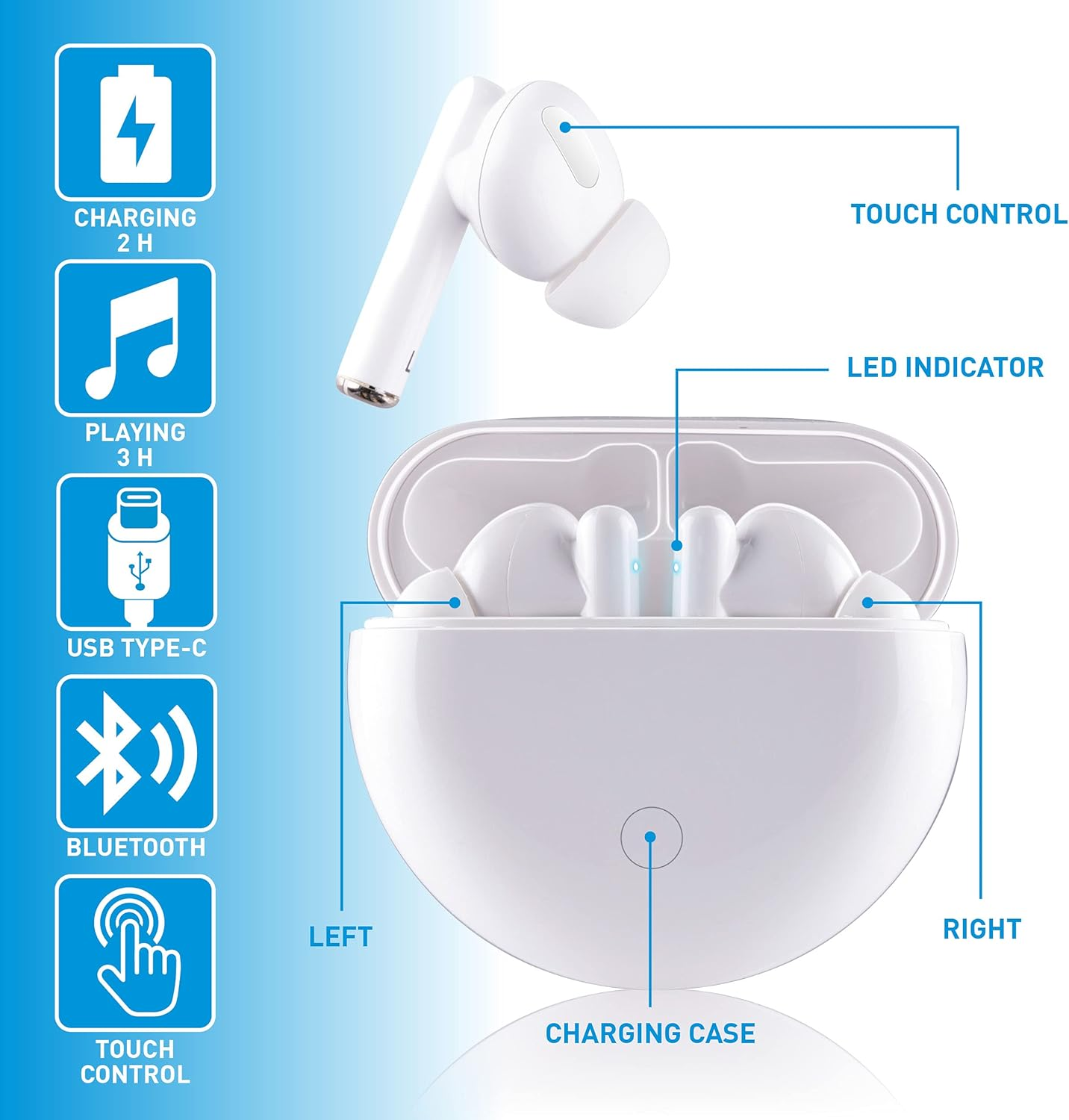 Grundig True Wireless Bluetooth Headphones - 5 Hours Playtime - USB C Charging Function - White image number 4
