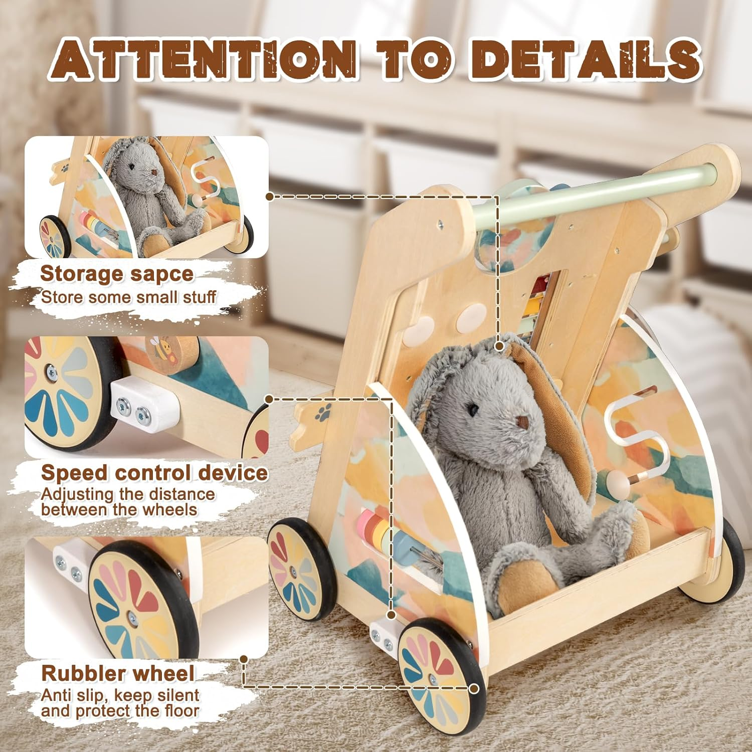 Lol-Fun Wooden Baby Walker with Detachable Busy Board Adjustable Speed Wheels for Boys Girls 6-12 Months image number 4