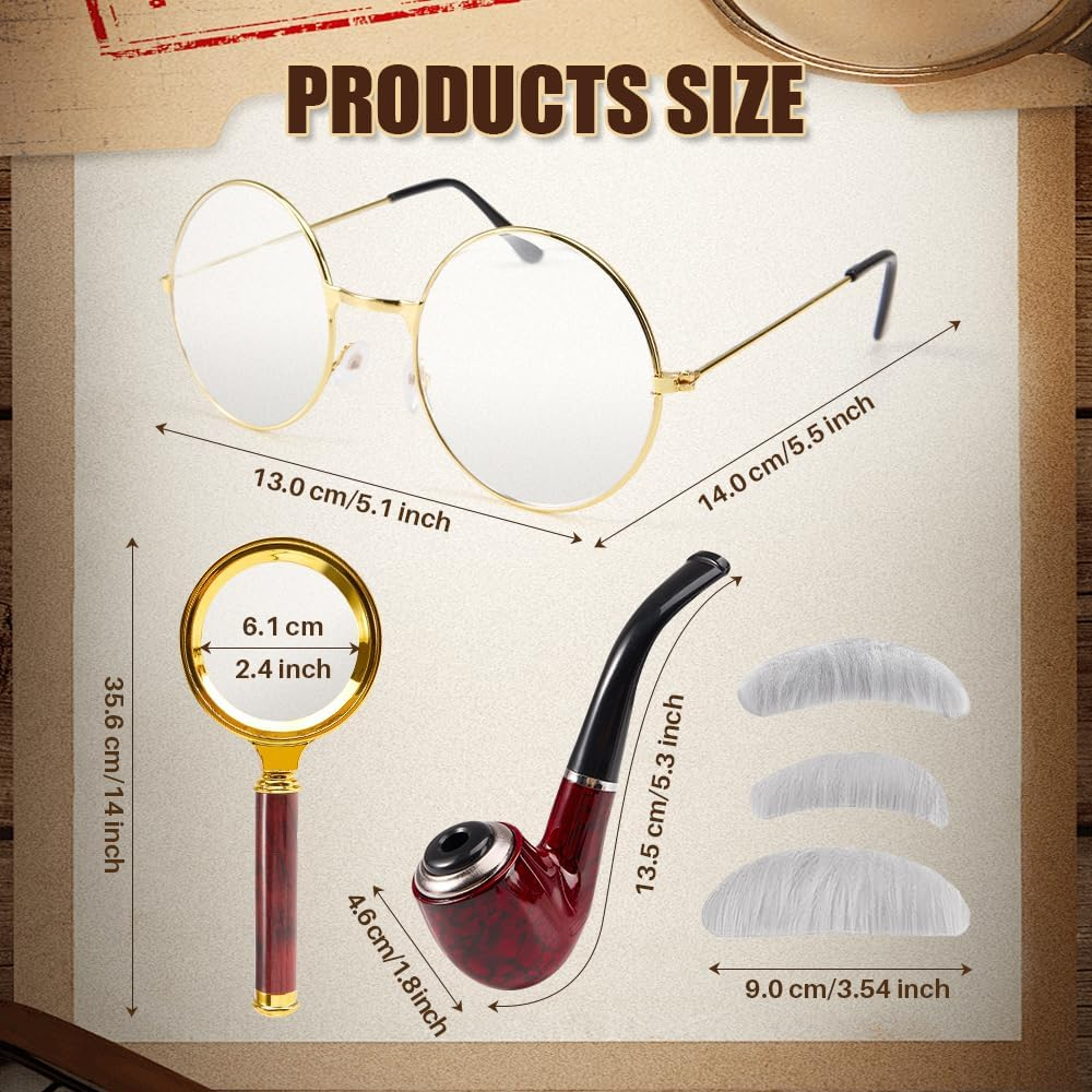 WOTOW Detective Costume Accessories Set - 6PCS Detective Costume Hat Detective Dress up Detective Prop Halloween Costume with Magnifying Glass Flat Glasses Bowtie Beards for Adults image number 4