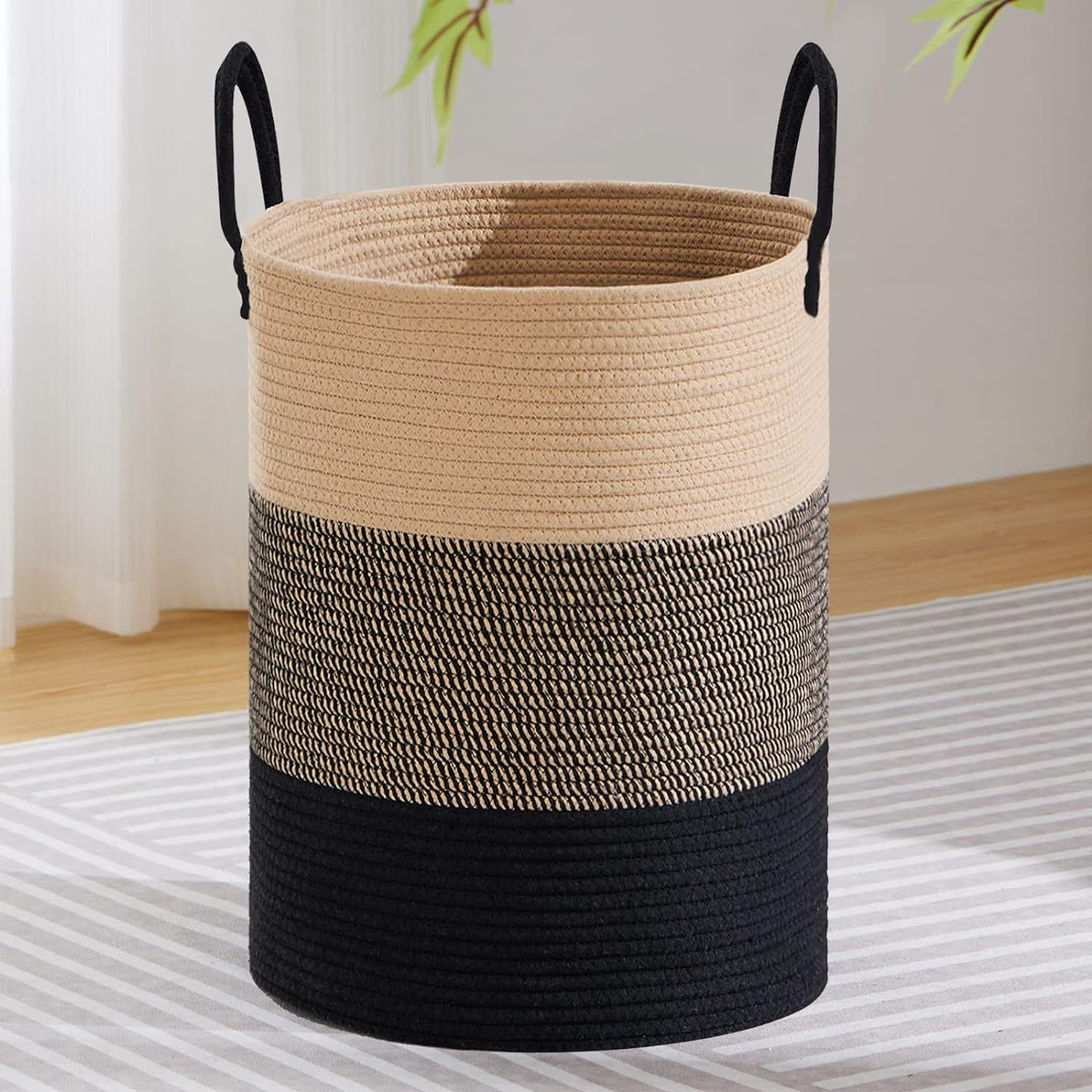 VIPOSCO Large Laundry Hamper, Tall Woven Rope Storage Basket for Blanket, Toys, Dirty Clothes in Living Room, Bathroom, Bedroom - 100L Stripe White