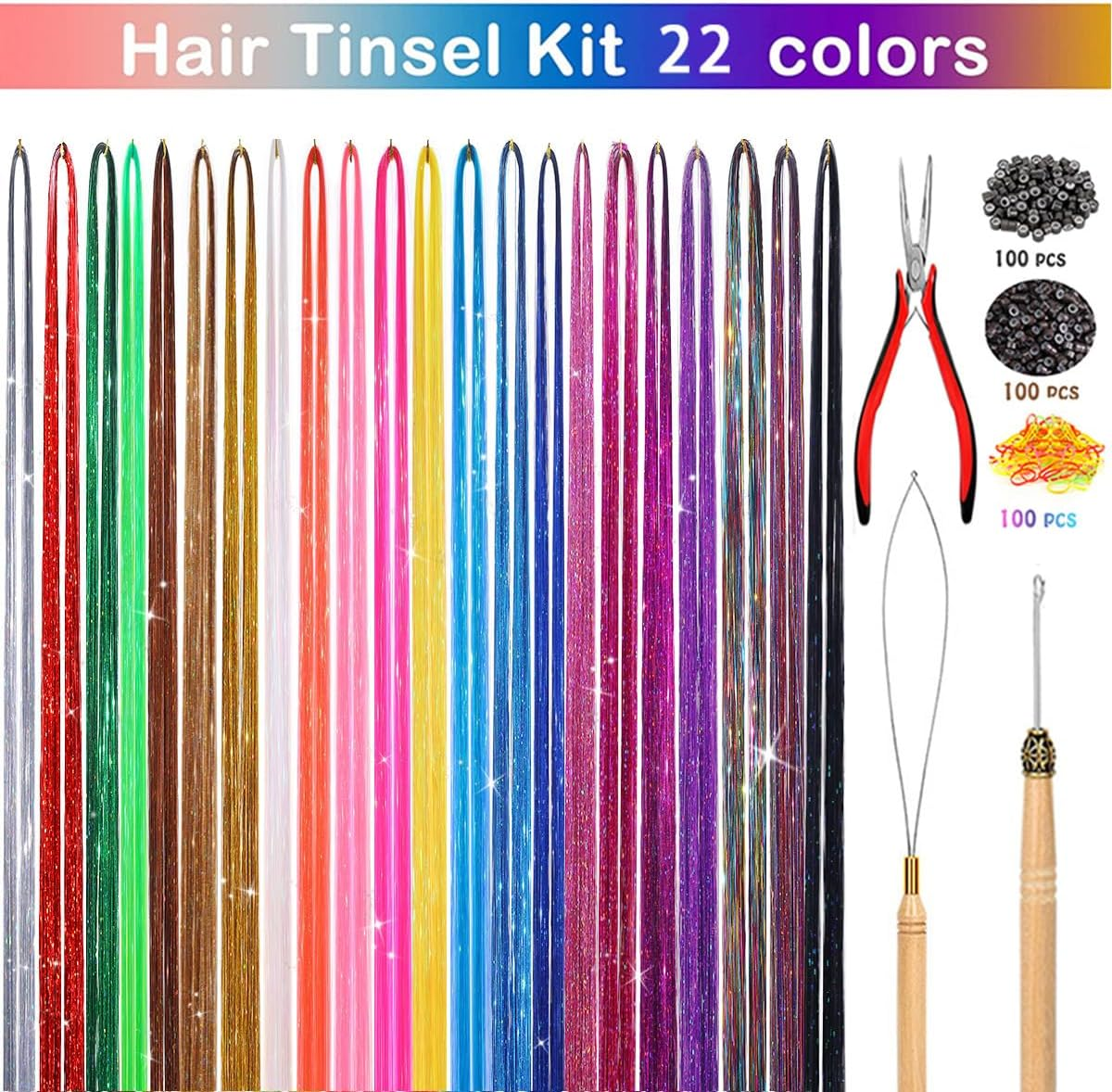 22 Colors Hair Tinsel Kit with Tools, 36 Inches 3700 Strands Tinsel Hair Extensions, Fairy Hair Tinsel for Christmas Halloween Cosplay Party, Grow the Most Dazzling Hair of the Crowd