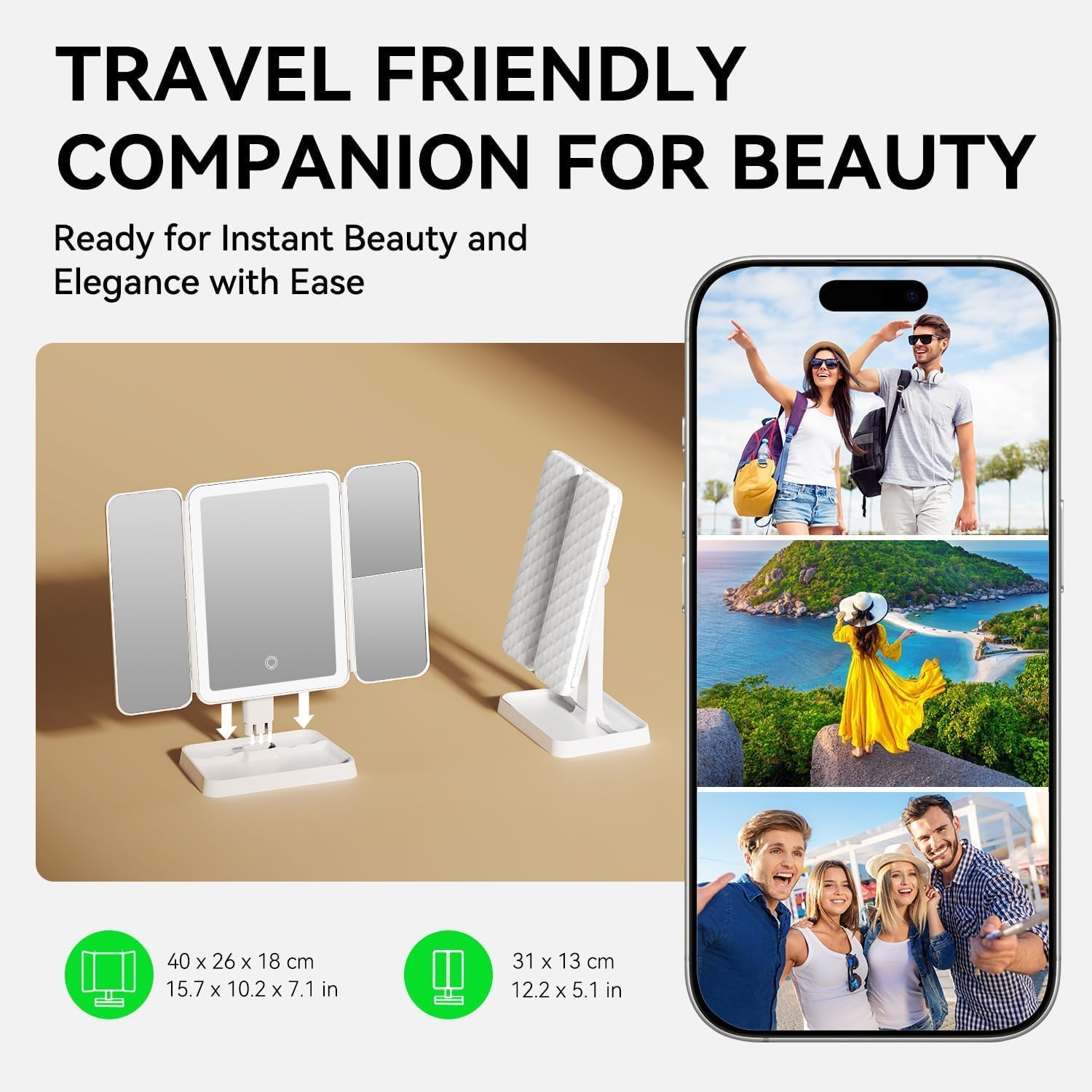 Vanity Makeup Mirror with 52 LED Lights, 3X/2X/1X Rechargeable Magnifying Mirror, Touch Screen Stepless Dimmable Color Adjustable Trifold Mirrors, 90&deg; Rotation Portable Cosmetic Vanity Mirrors image number 3