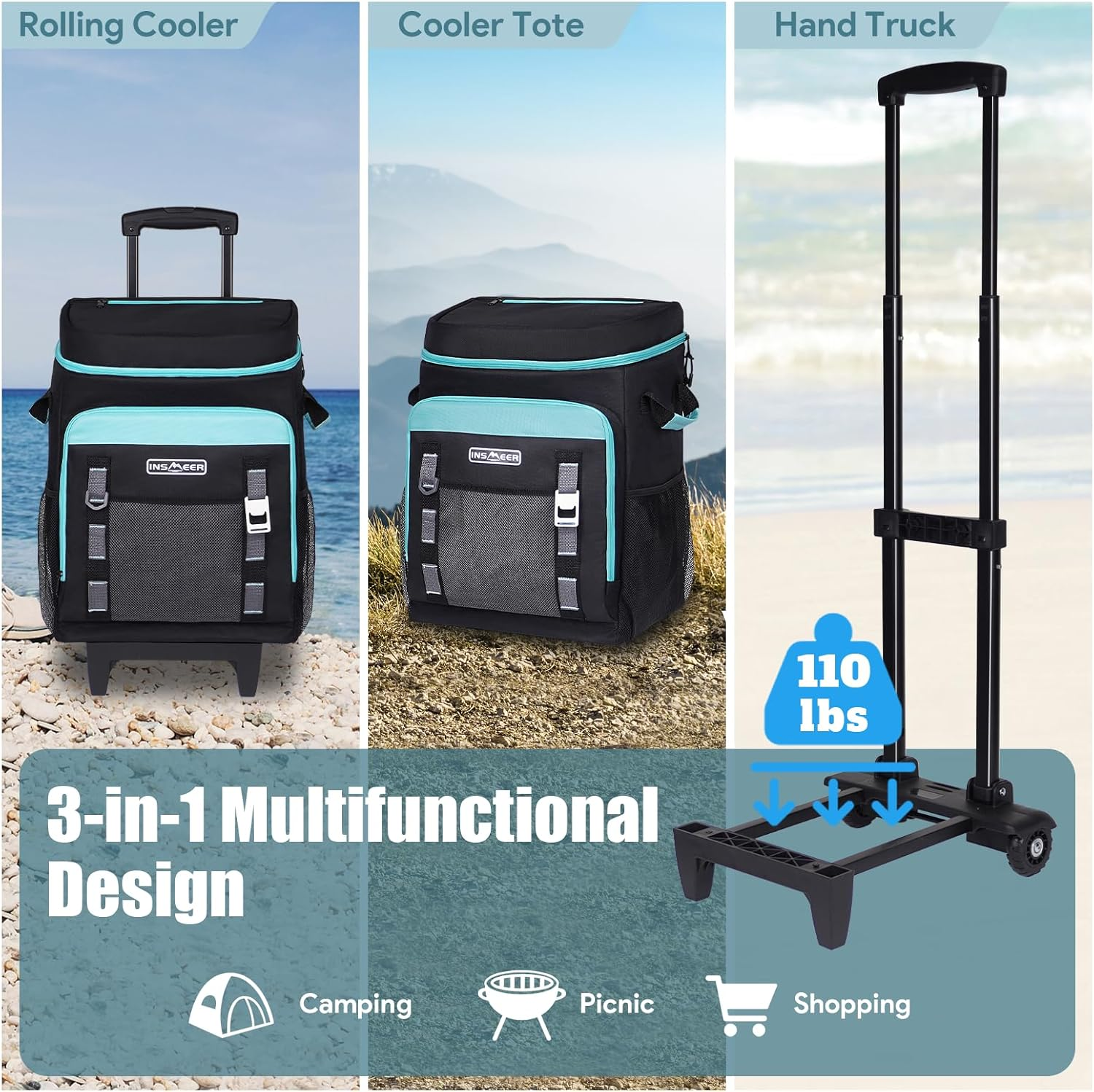 INSMEER 80 Can Collapsible Cooler with Wheels & Handle - Leakproof, Insulated, All-Terrain Rolling Cooler Bag for Beach, Camping, Picnic & Grocery Shopping image number 4