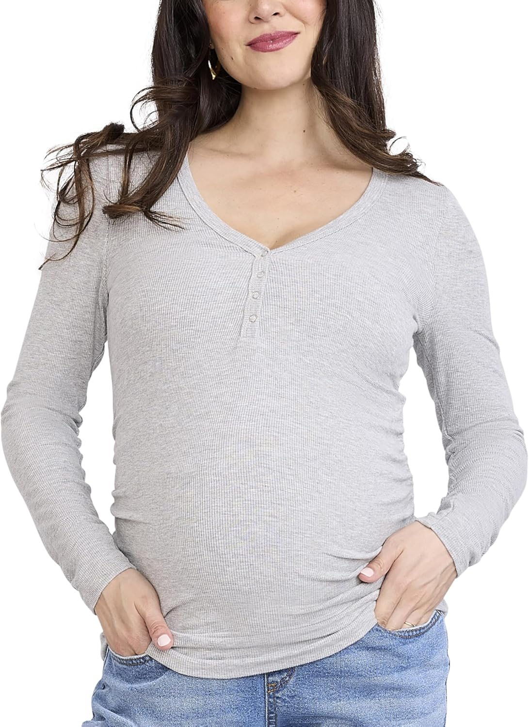 Motherhood Maternity Women'S Long Sleeve V-Neck Side Ruched Henley Pregnancy Tee Shirt