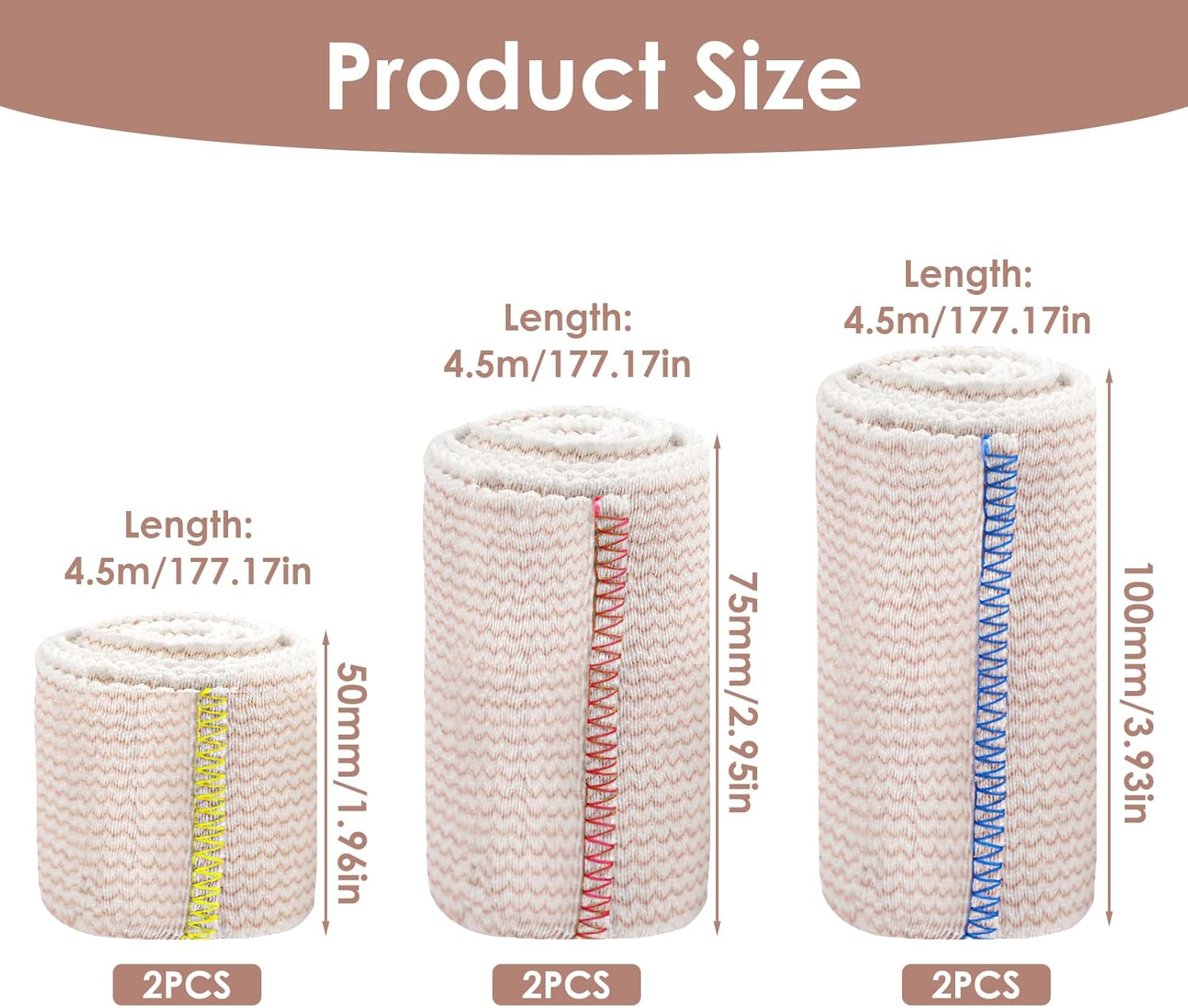 6 Pcs Elastic Compression Bandage, 3 Size (2X5Cm, 2X7.5Cm, 2X10Cm) Self Adhesive Cohesive Cotton Elastic Tape, Self-Closures for Foot Ankle Knee Wrists Elbows Thighs Torso image number 6